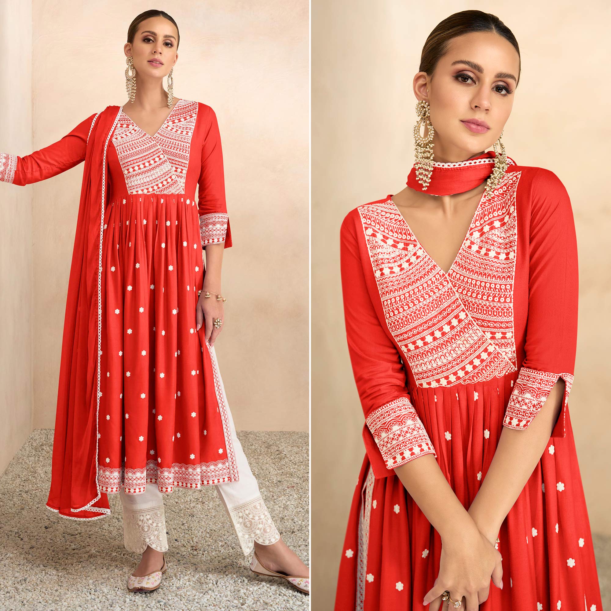Red Lucknowi Work Rayon Naira Cut Suit