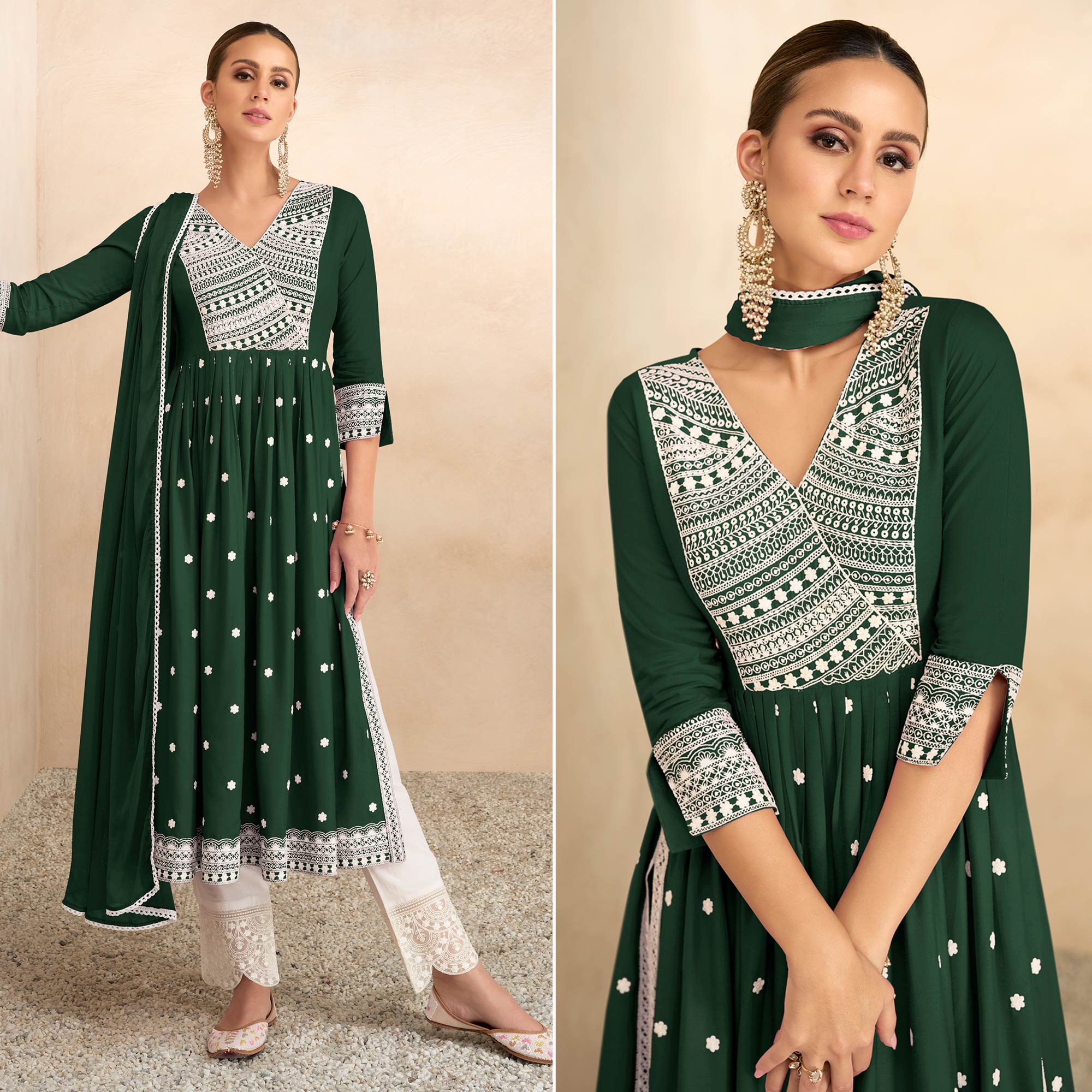 Green Lucknowi Work Rayon Naira Cut Suit