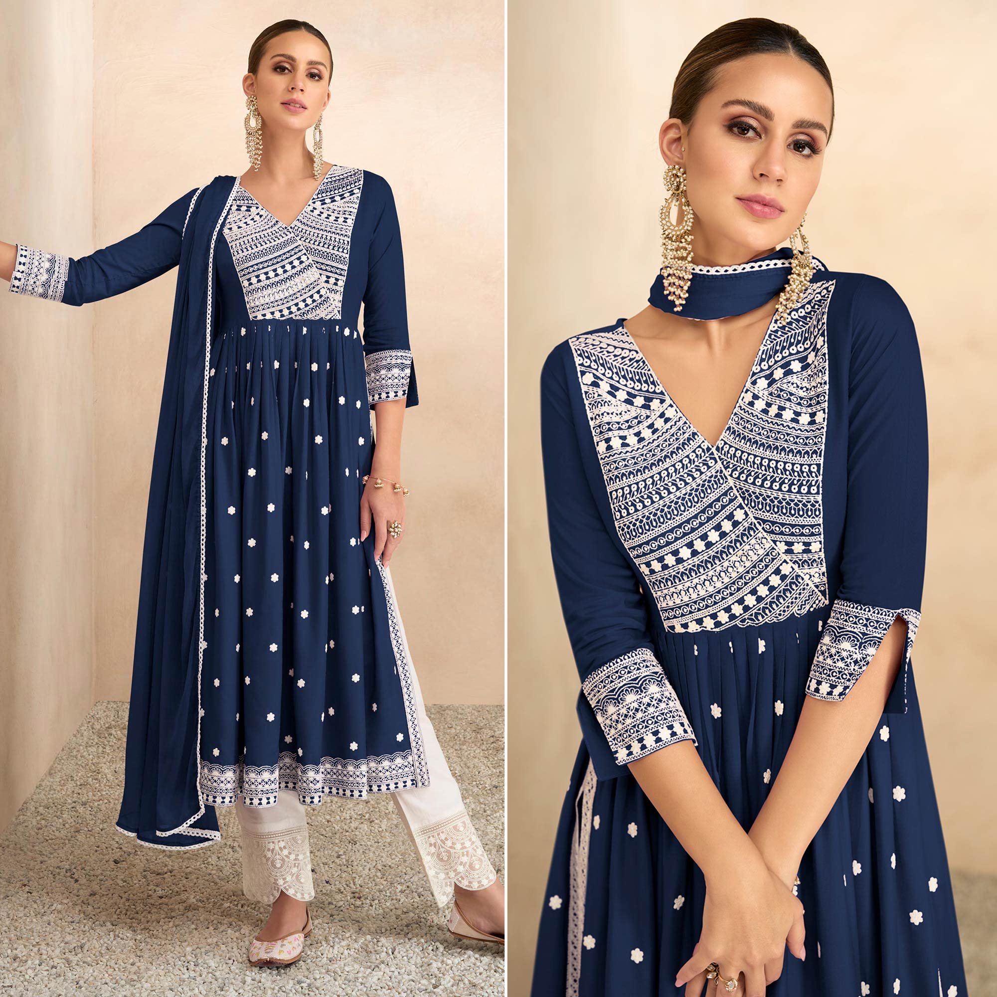 Blue Lucknowi Work Rayon Naira Cut Suit
