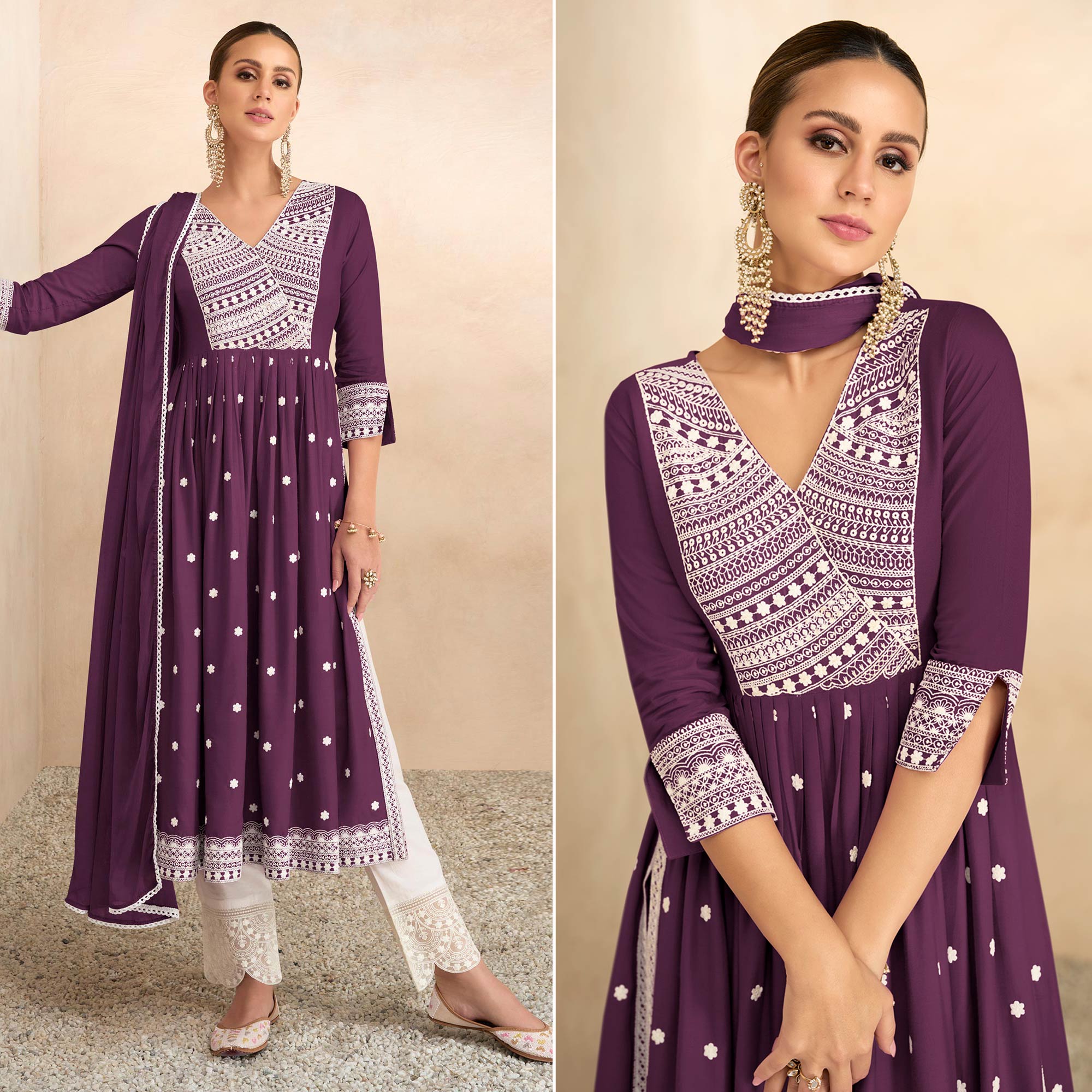 Wine Lucknowi Work Rayon Naira Cut Suit