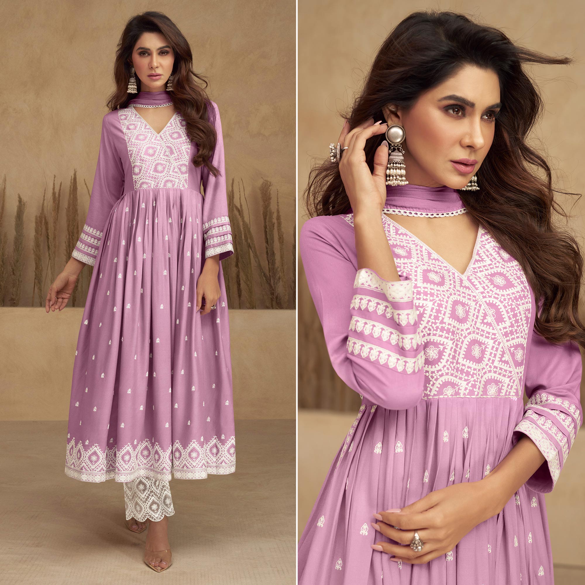 Pink Lucknowi Embroidered Rayon Naira Cut Suit