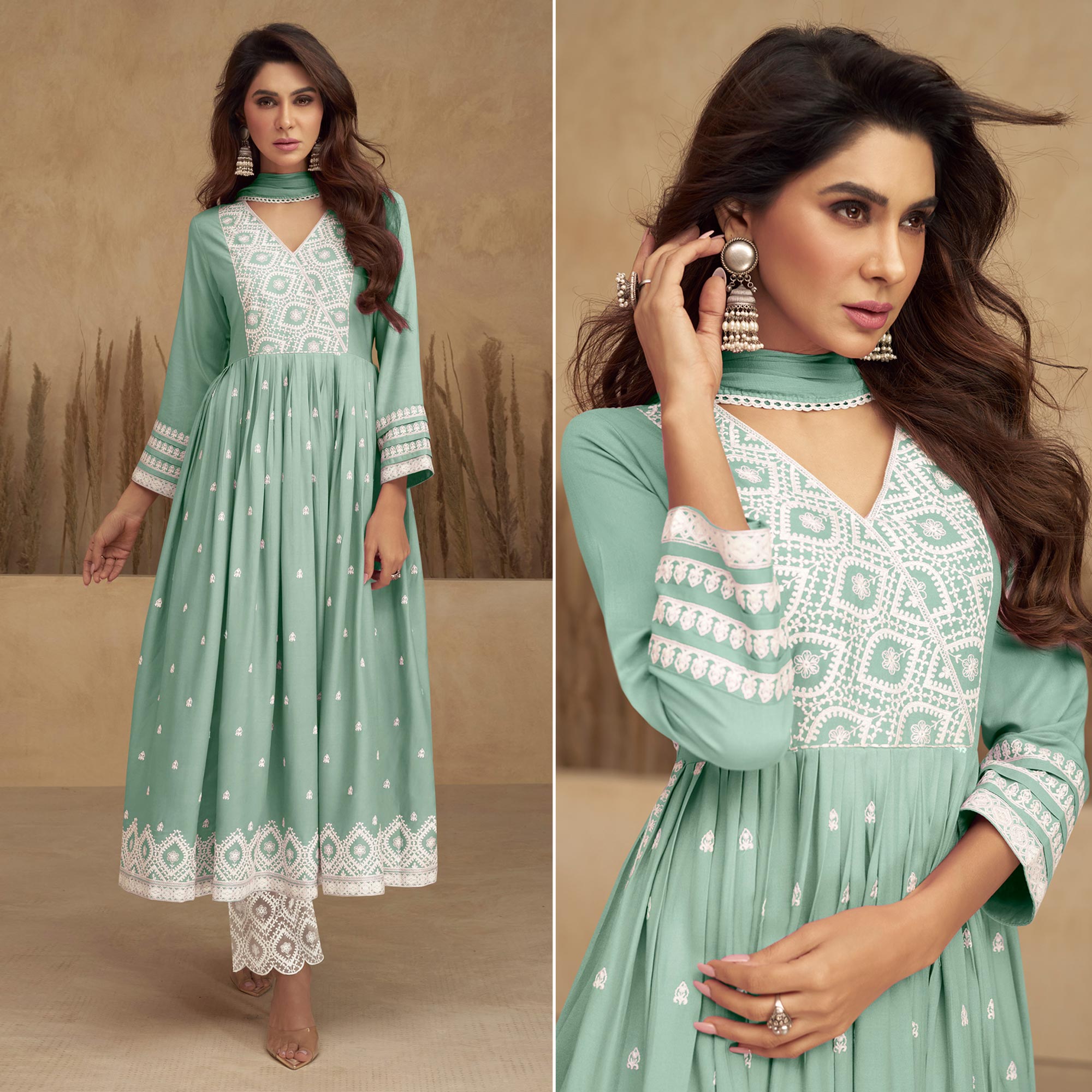 Green Lucknowi Embroidered Rayon Naira Cut Suit