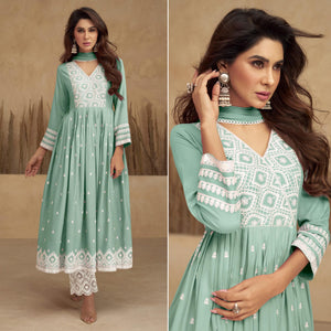 Green Lucknowi Embroidered Rayon Naira Cut Suit