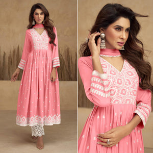 Pink Lucknowi Embroidered Rayon Naira Cut Suit