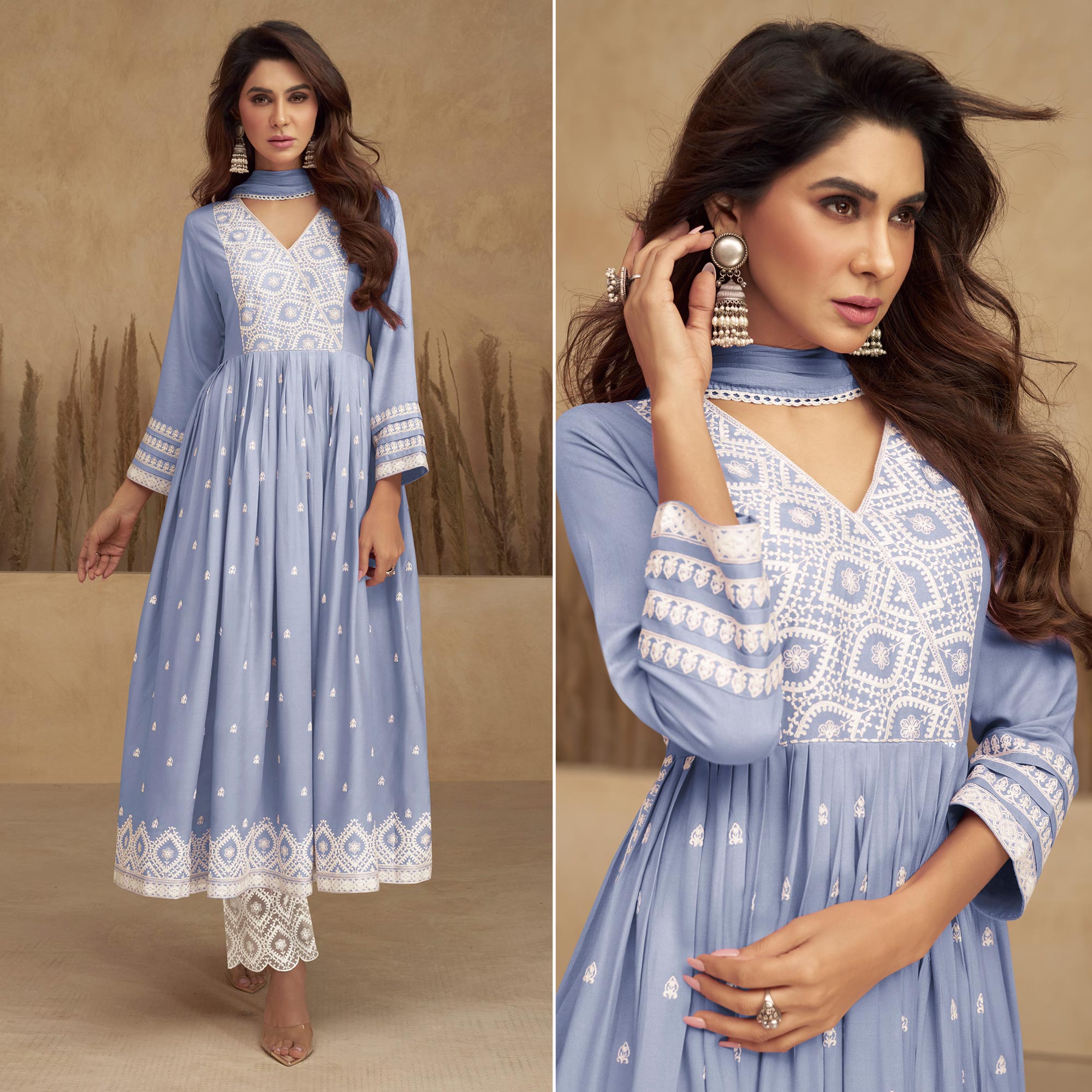 Blue Lucknowi Embroidered Rayon Naira Cut Suit