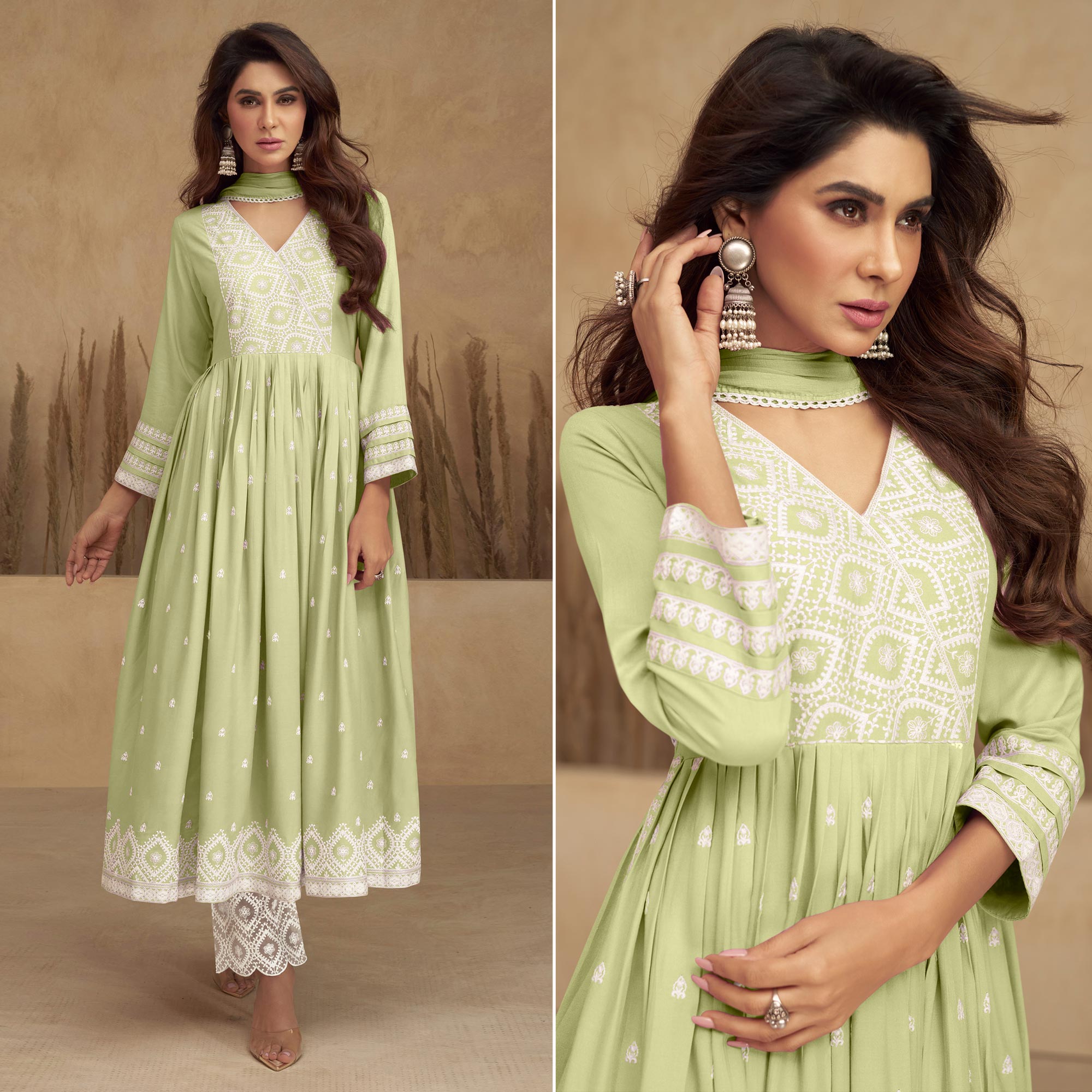 Green Lucknowi Embroidered Rayon Naira Cut Suit