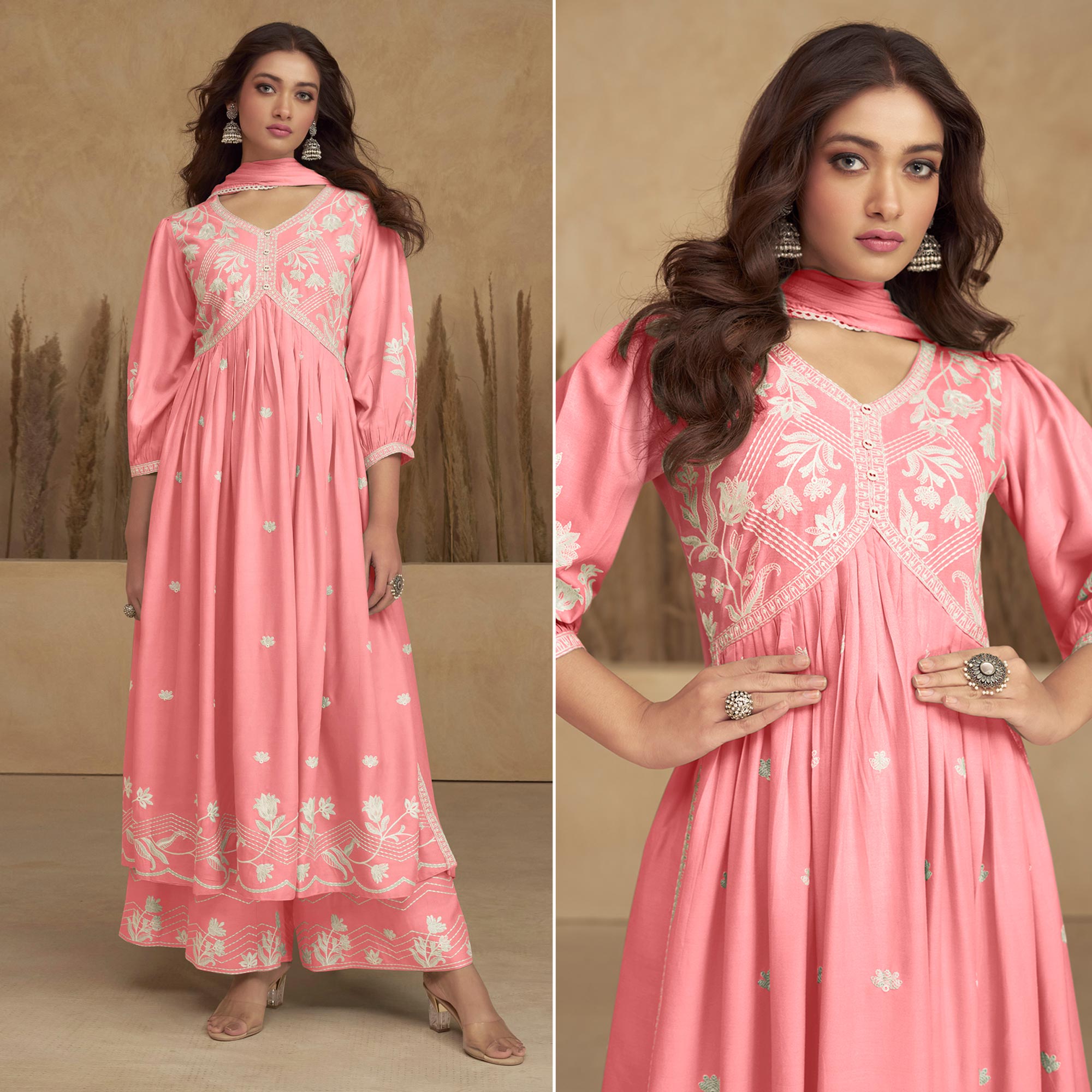 Pink Lucknowi Embroidered Rayon Alia Cut Suit