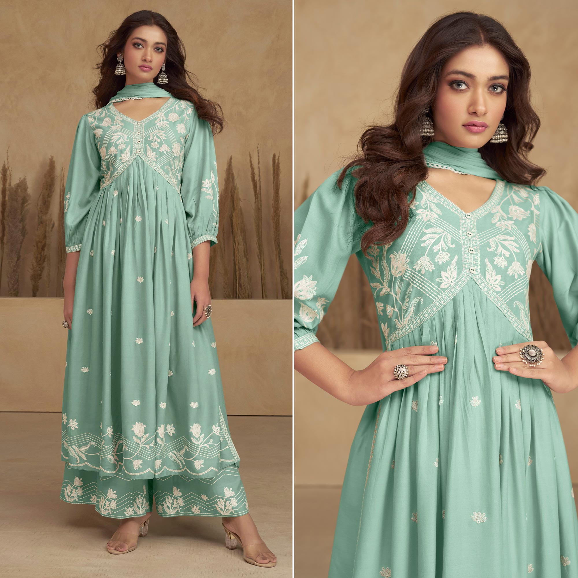 Turquoise Lucknowi Embroidered Rayon Alia Cut Suit