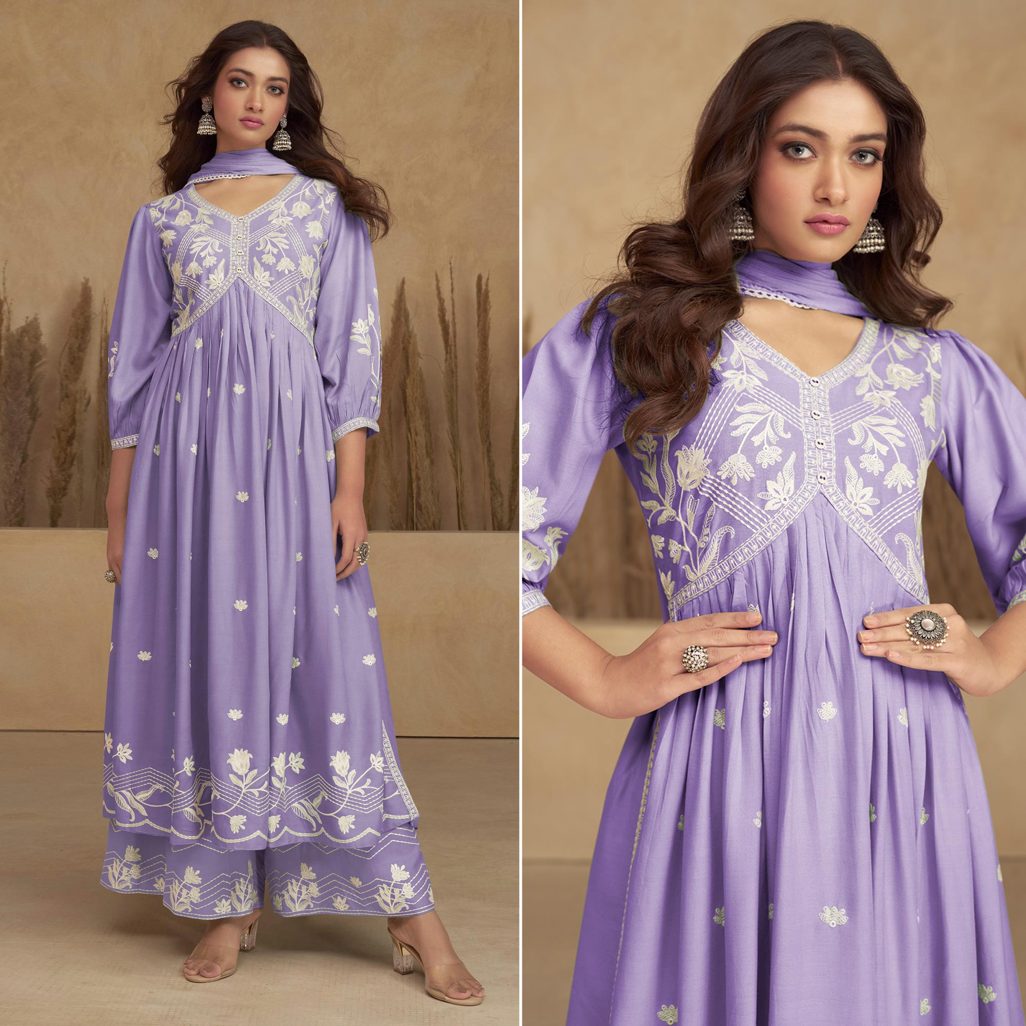Purple Lucknowi Embroidered Rayon Alia Cut Suit