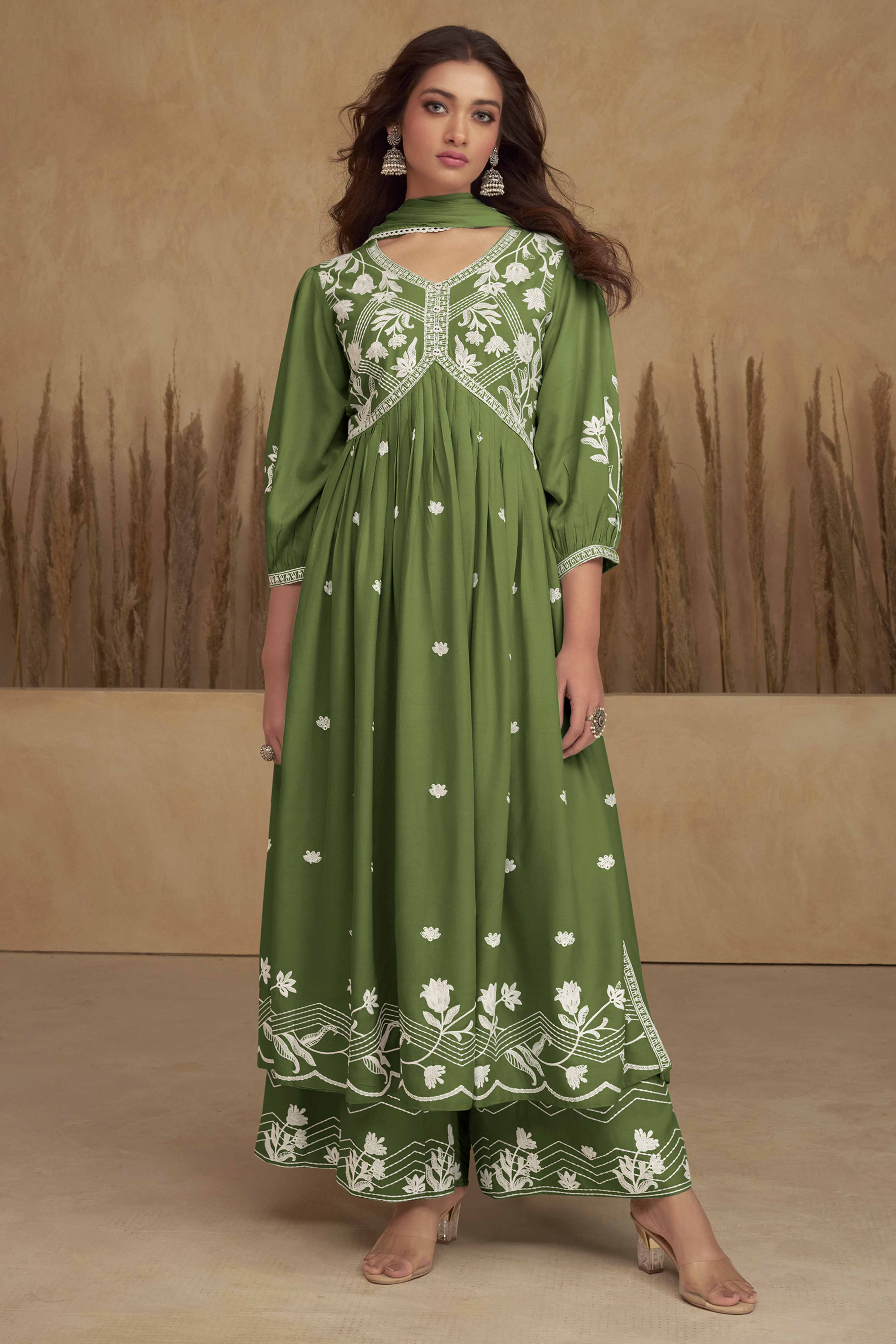 Dark Green Alia Cut Rayon Suit with Classic Lucknowi Embroidery