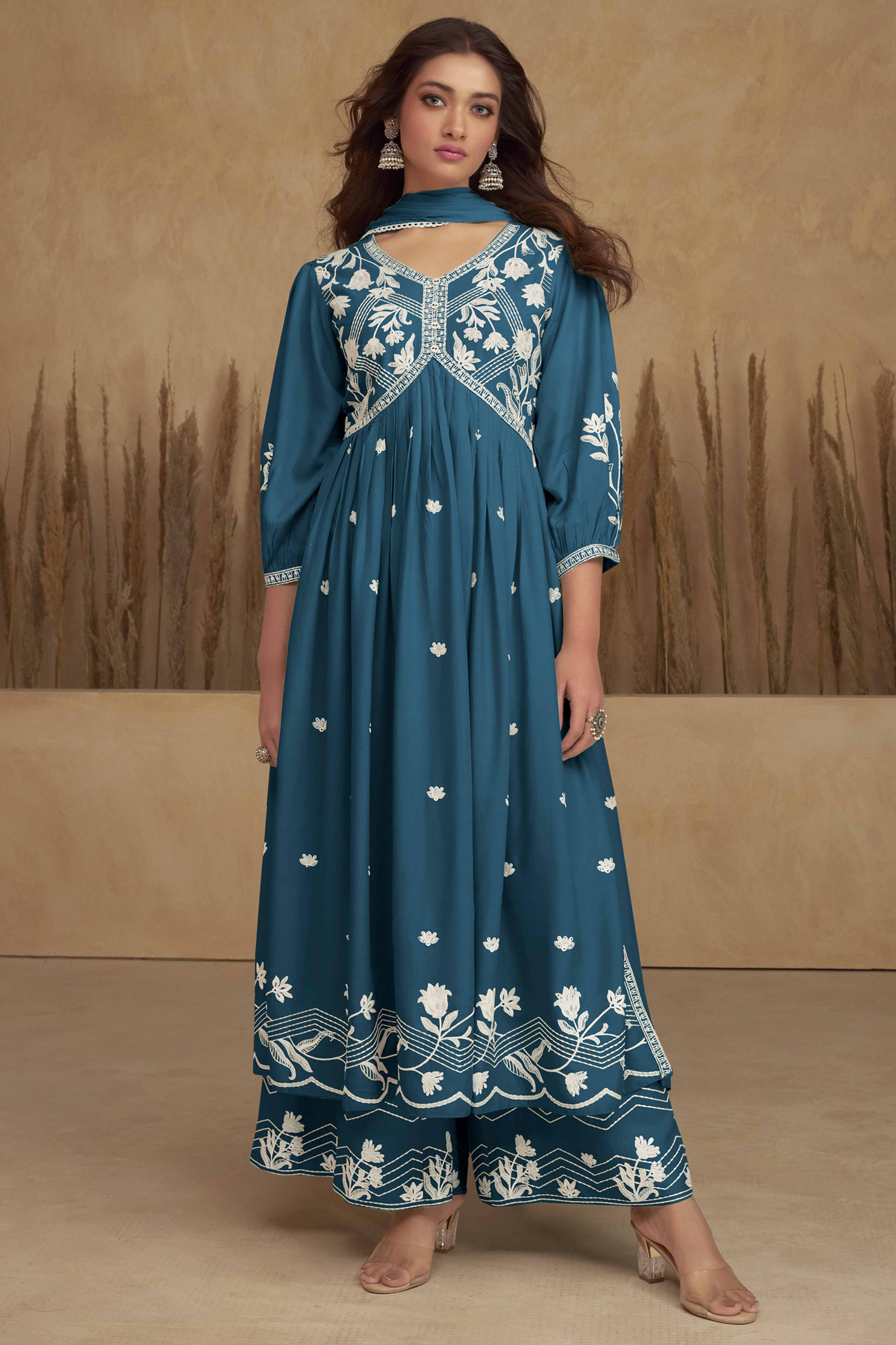 Teal Alia Cut Rayon Suit with Classic Lucknowi Embroidery