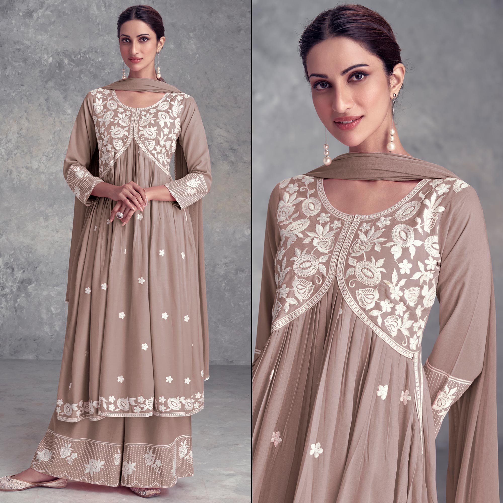 Rosy Brown Floral Embroidered Rayon Salwar Suit