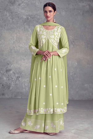 Floral Embroidered Pista Green Rayon A-Line Salwar Suit
