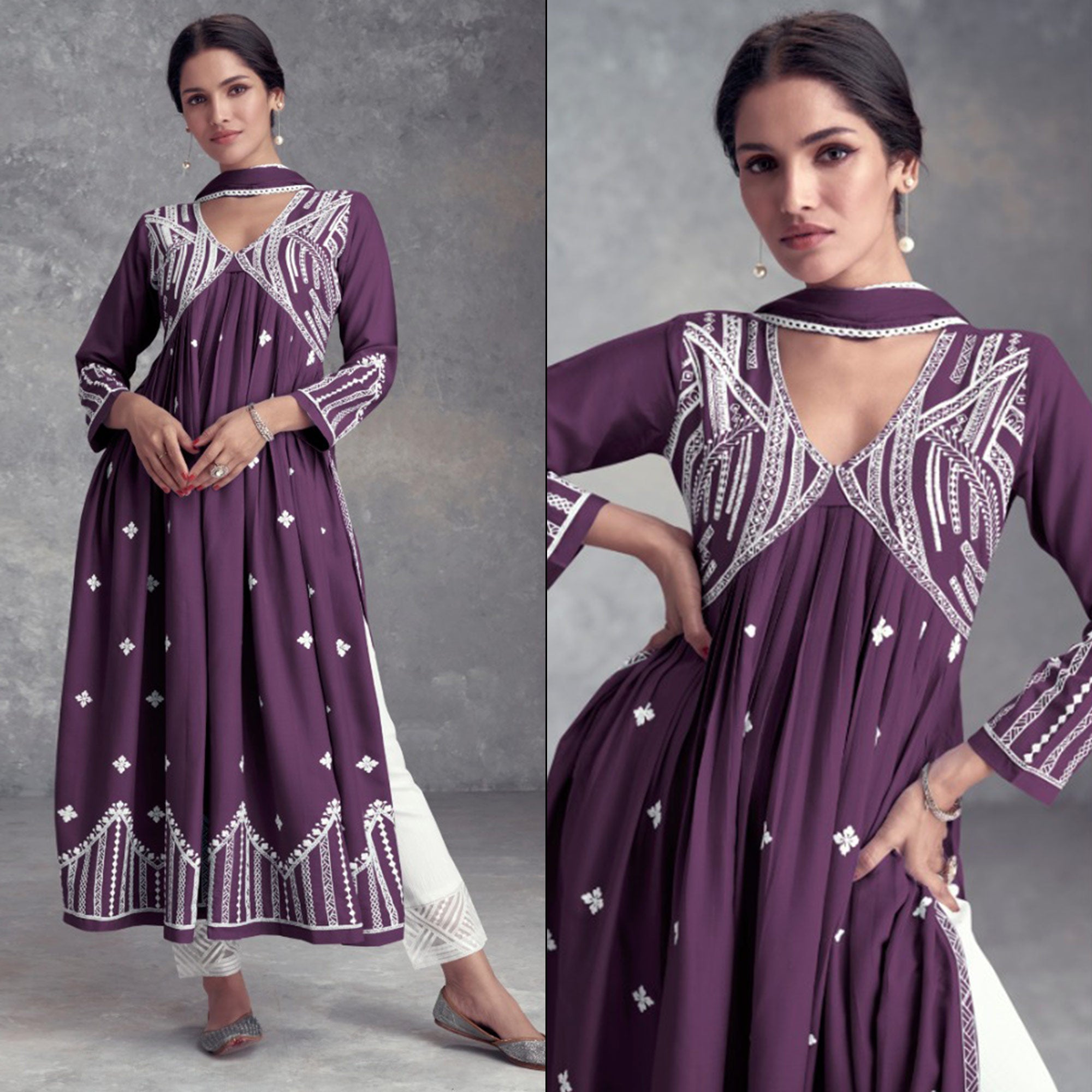 Wine Lucknowi Embroidered Rayon Naira Cut Suit