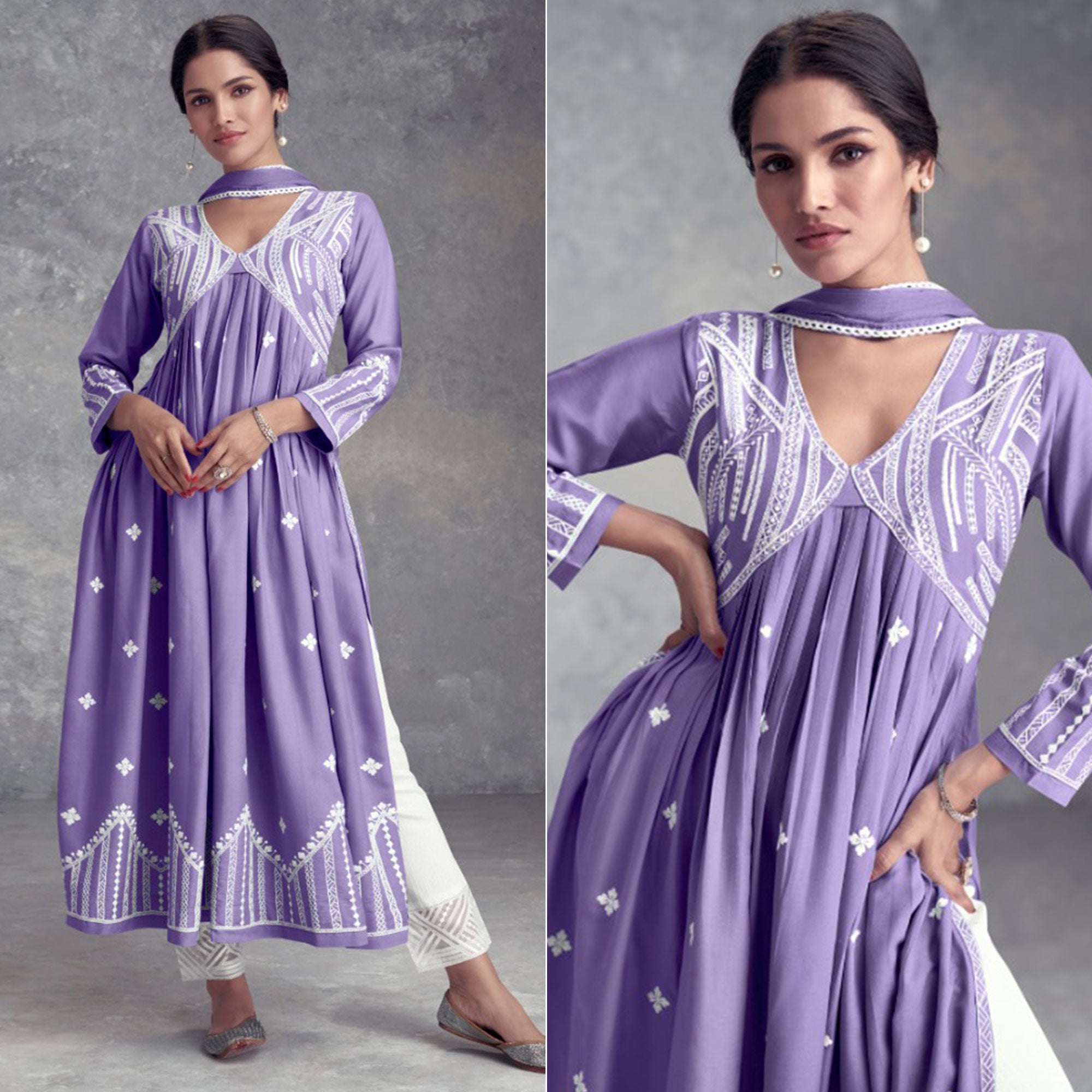 Light Purple Lucknowi Embroidered Rayon Naira Cut Suit