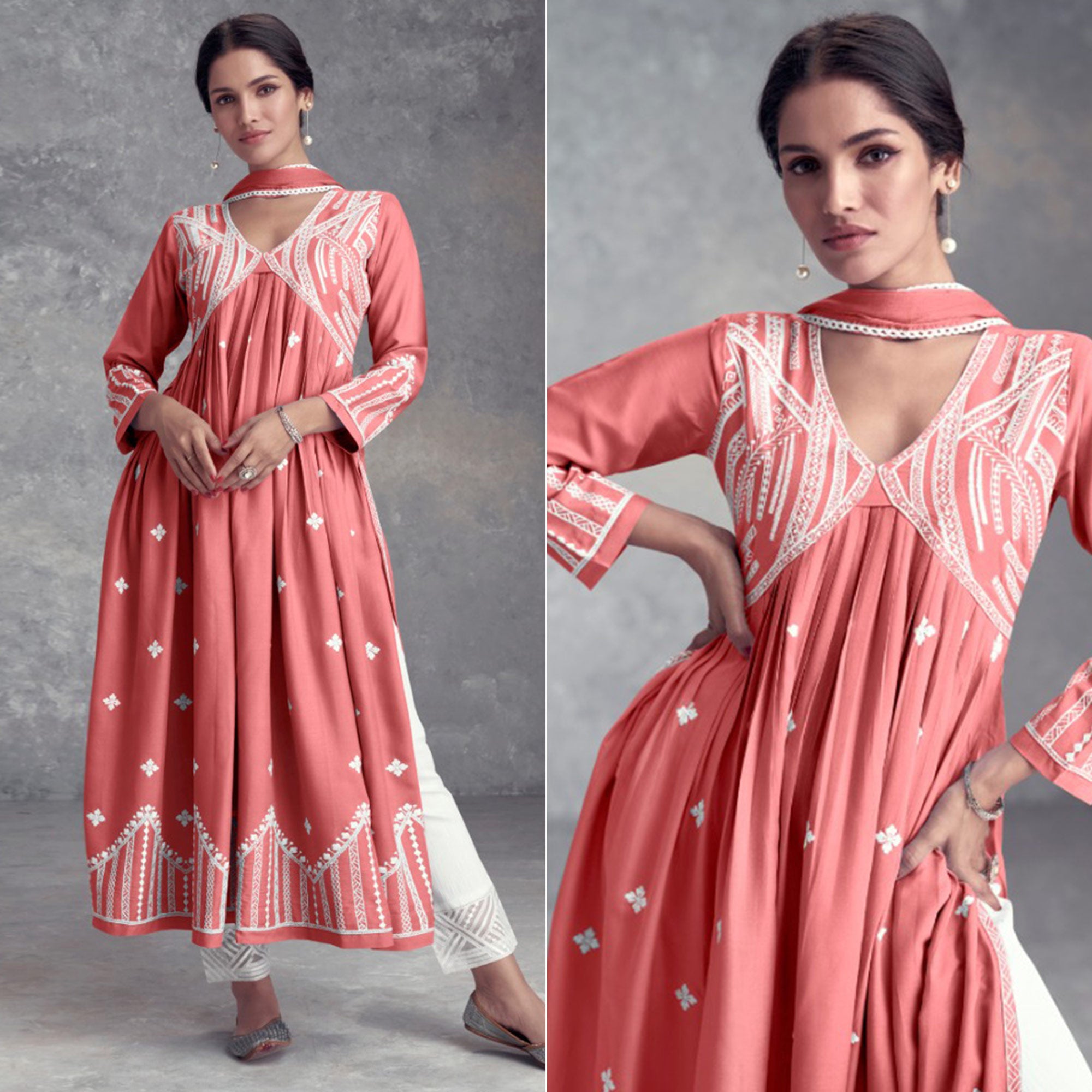 Peach Lucknowi Embroidered Rayon Naira Cut Suit