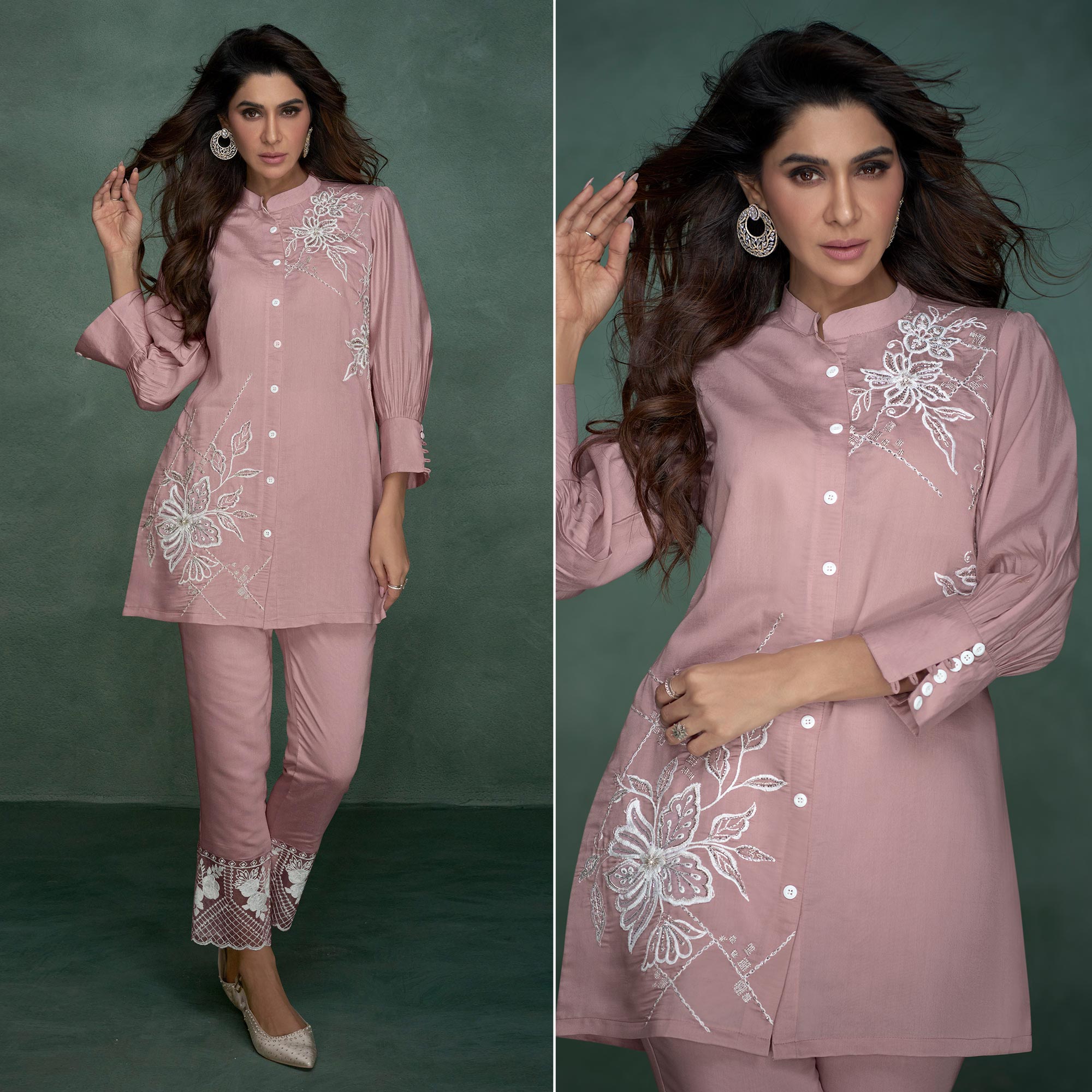 Light Pink Floral Embroidered With Handwork Viscose Co Ord Set