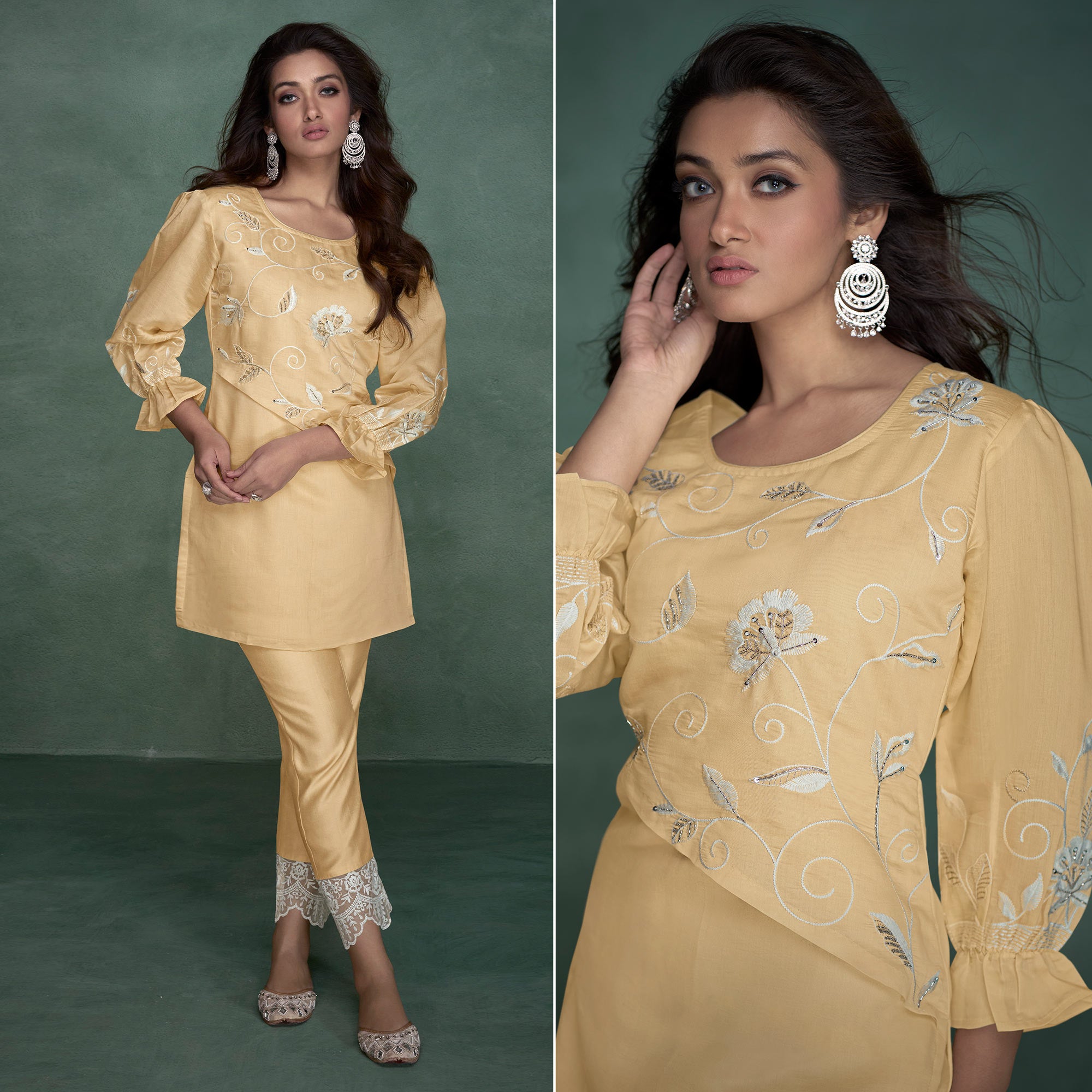 Yellow Floral Embroidered With Handwork Viscose Co Ord Set