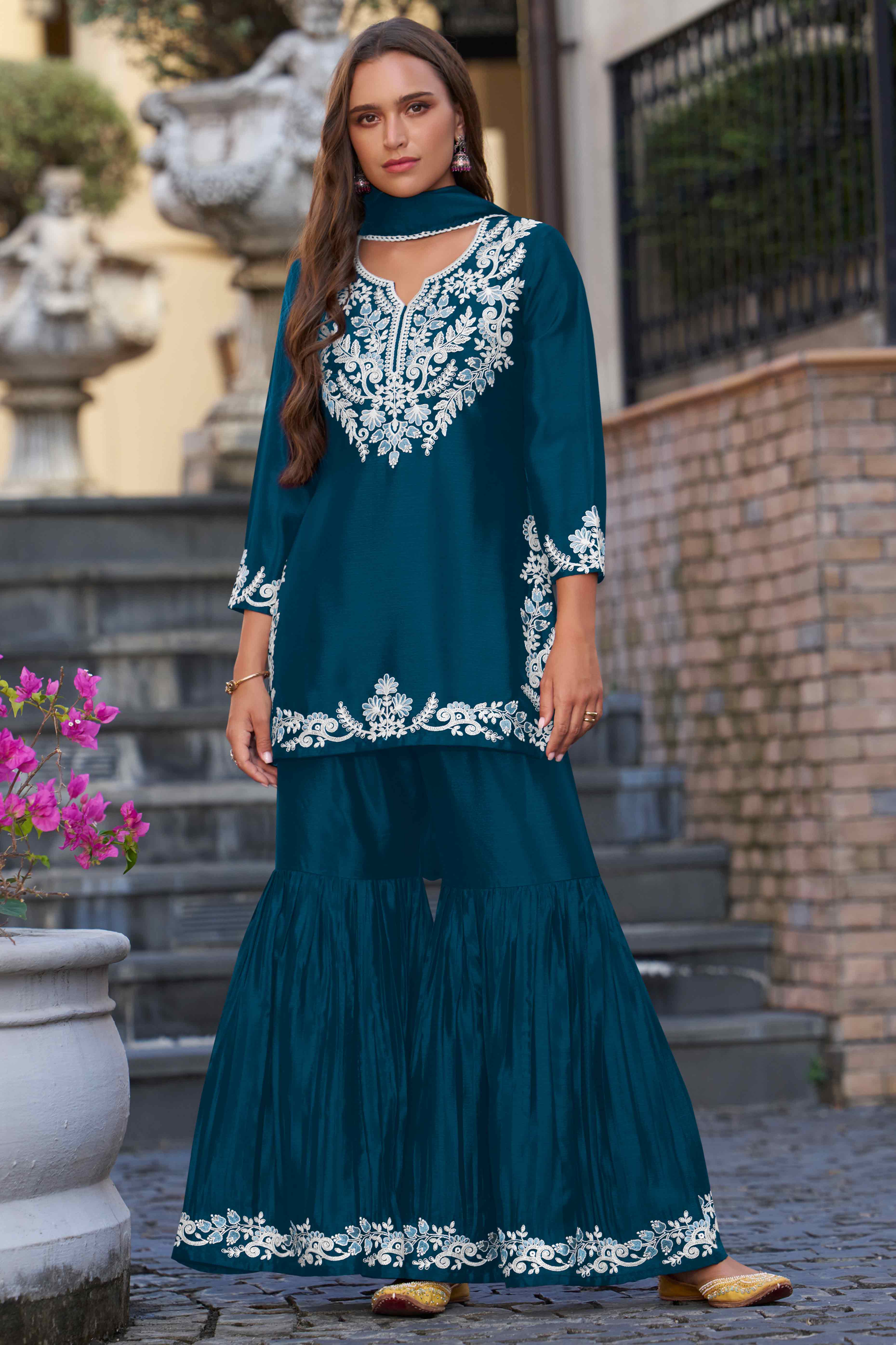 Elegant Teal Chinon Sharara Suit with Intricate Floral Embroidery