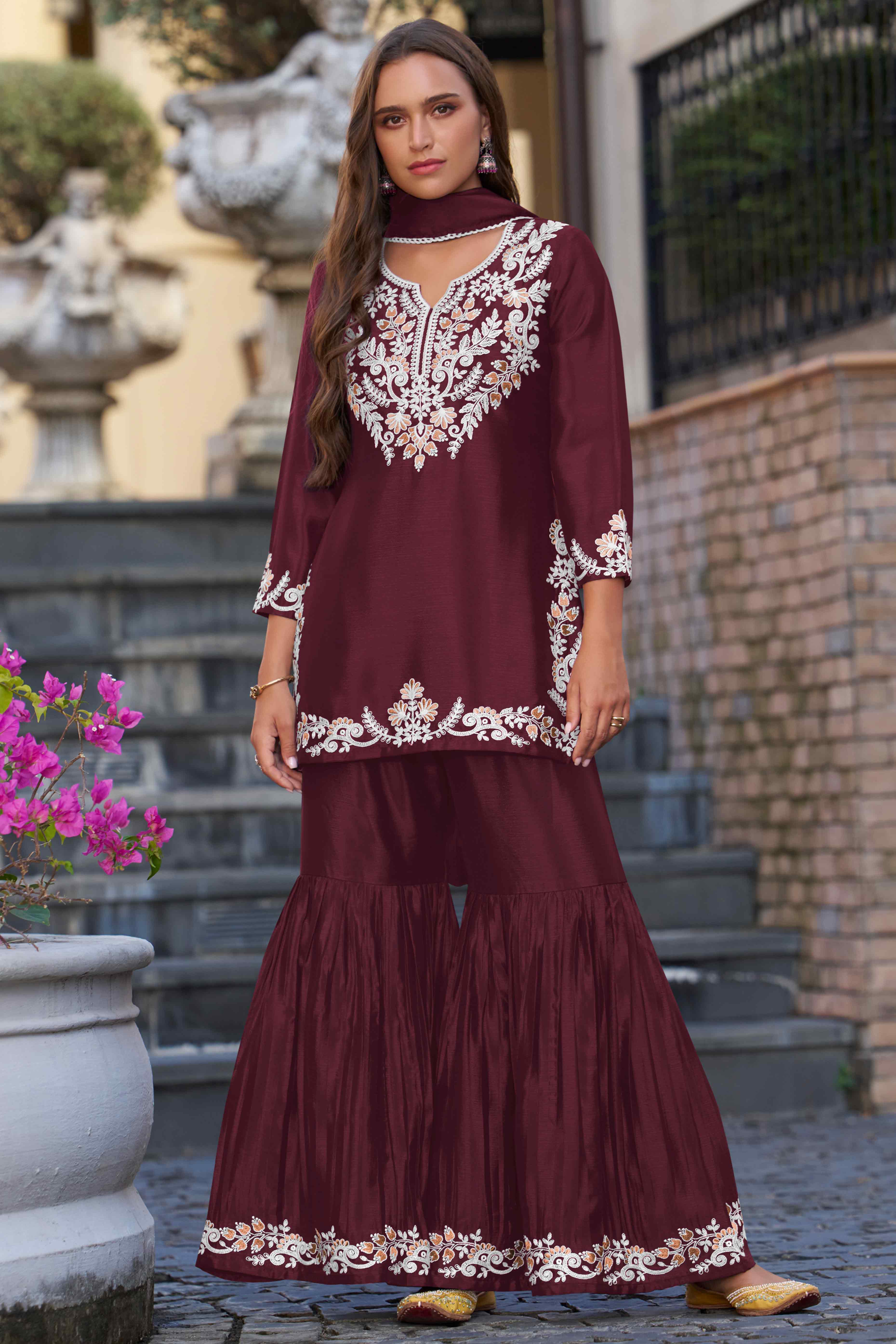 Elegant Maroon Chinon Sharara Suit with Intricate Floral Embroidery
