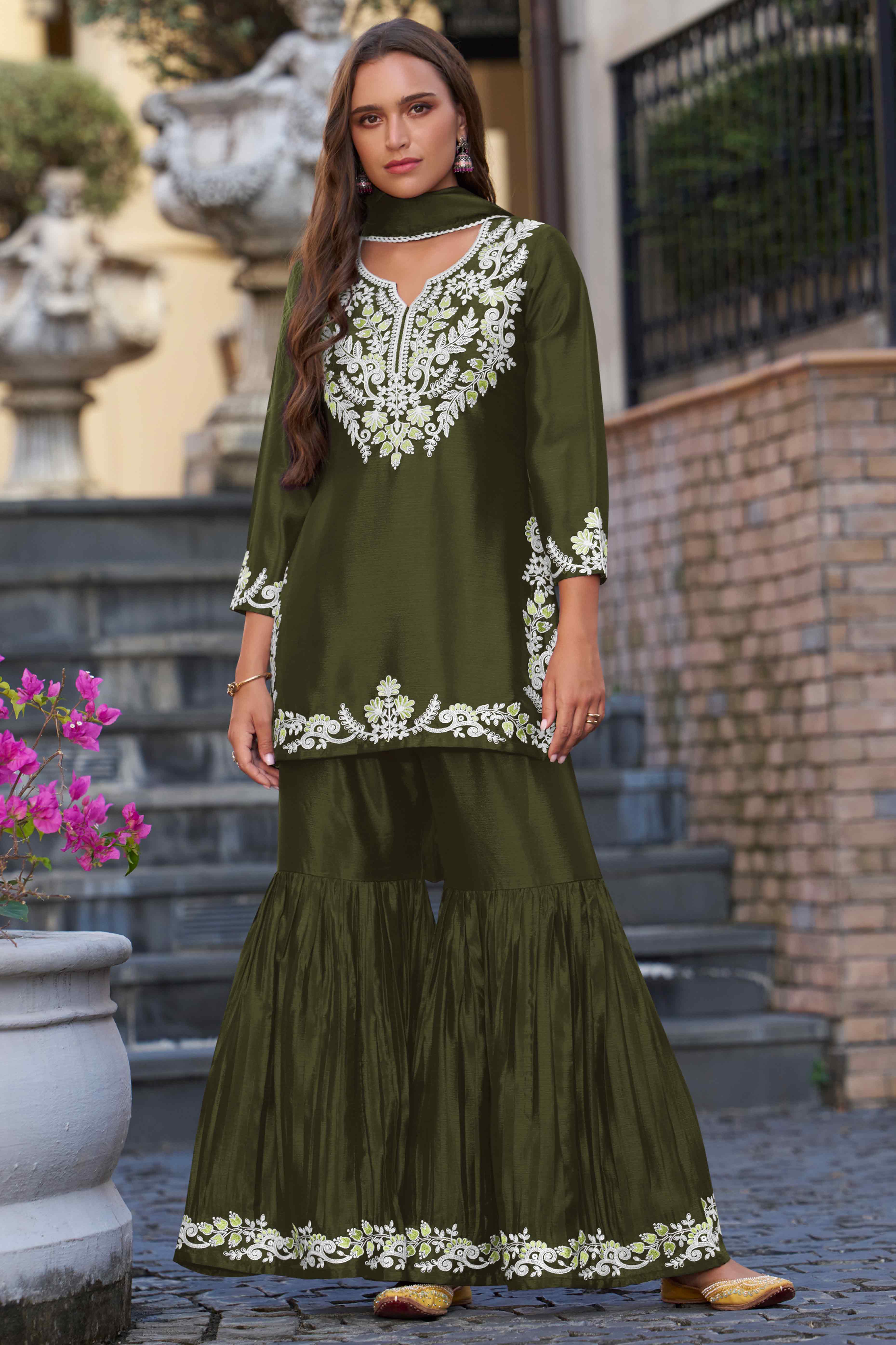 Elegant Olive Chinon Sharara Suit with Intricate Floral Embroidery