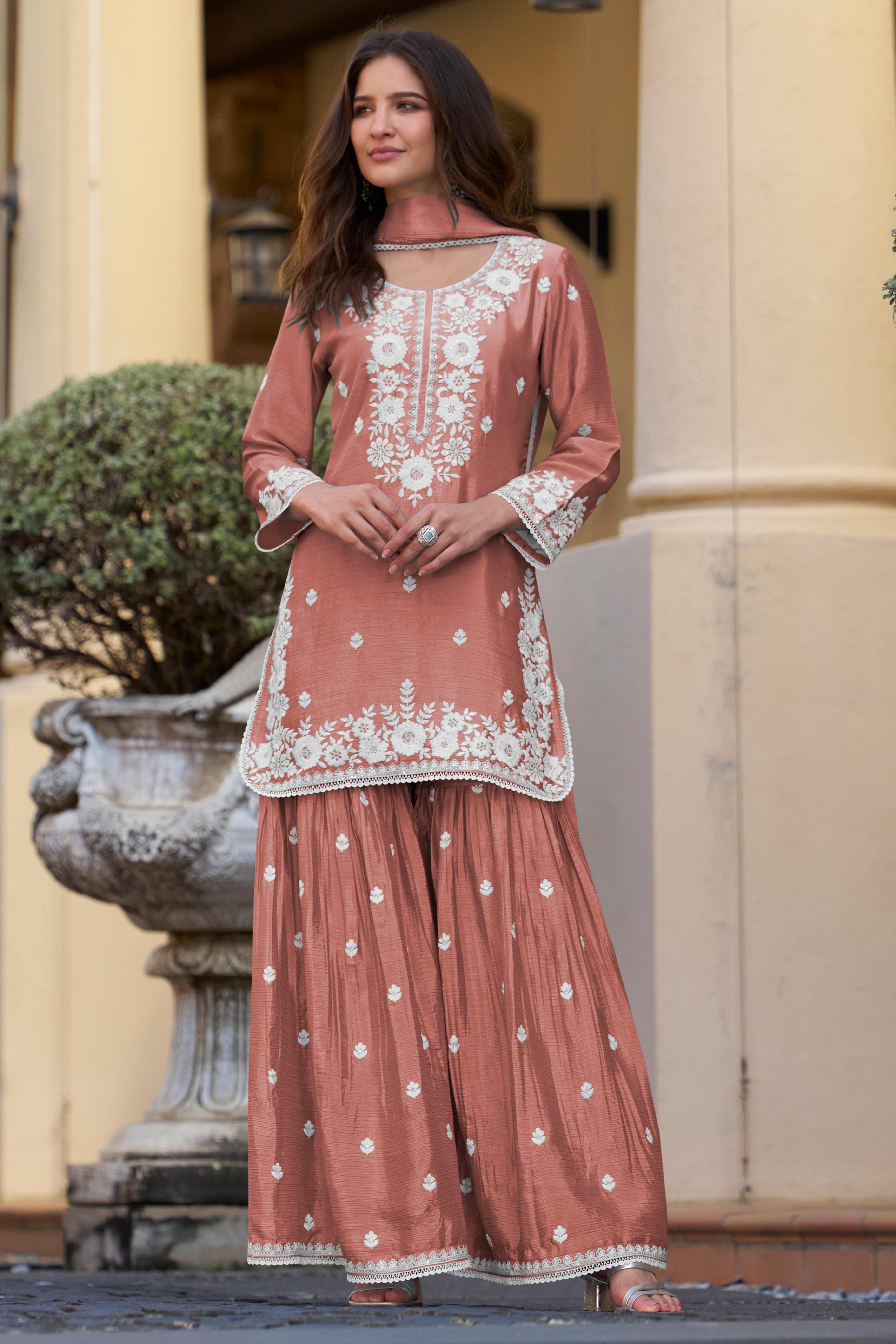 Rusty Brown Floral Luxe Embroidered Chinon Sharara Suit