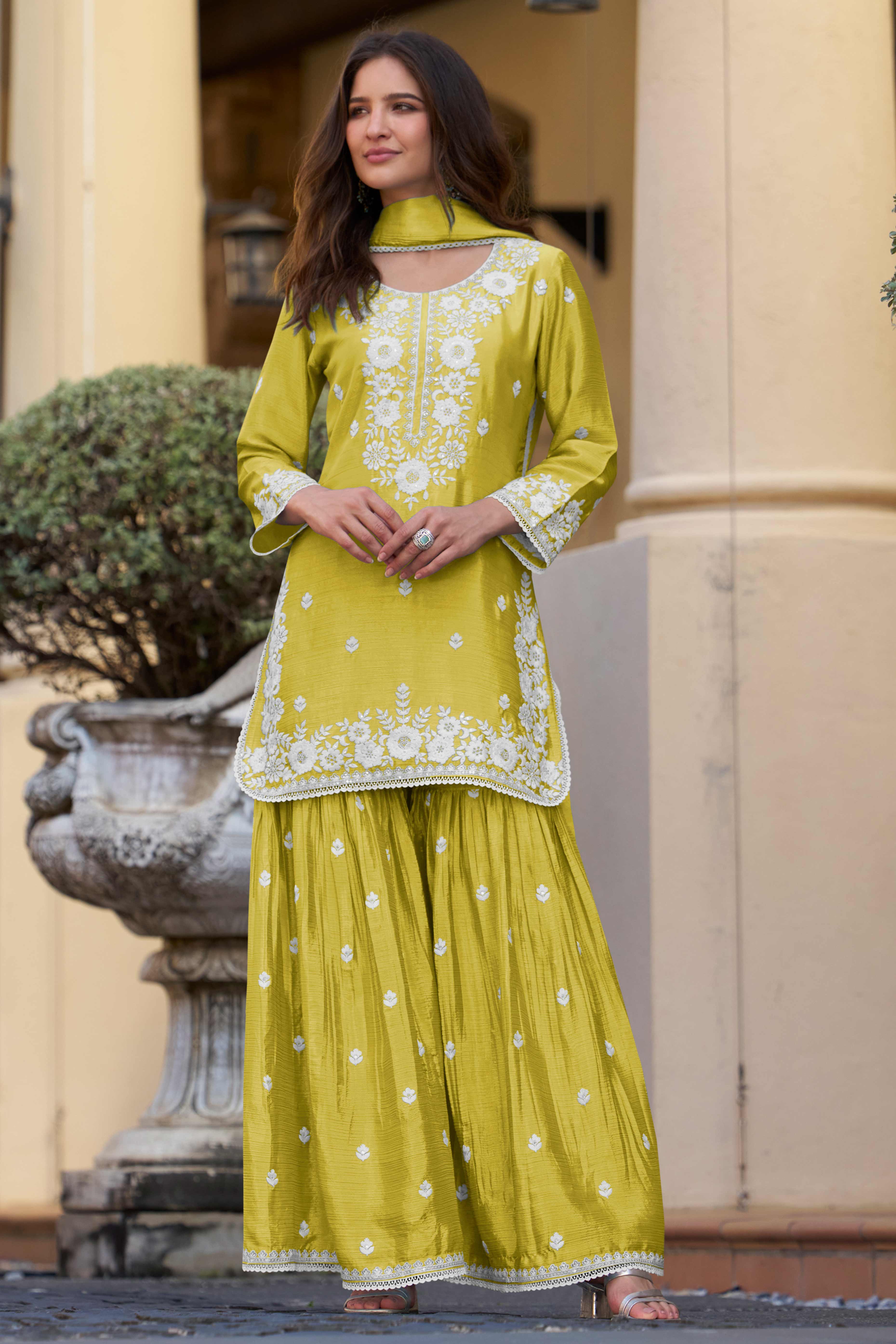 Lemon Yellow Floral Luxe Embroidered Chinon Sharara Suit