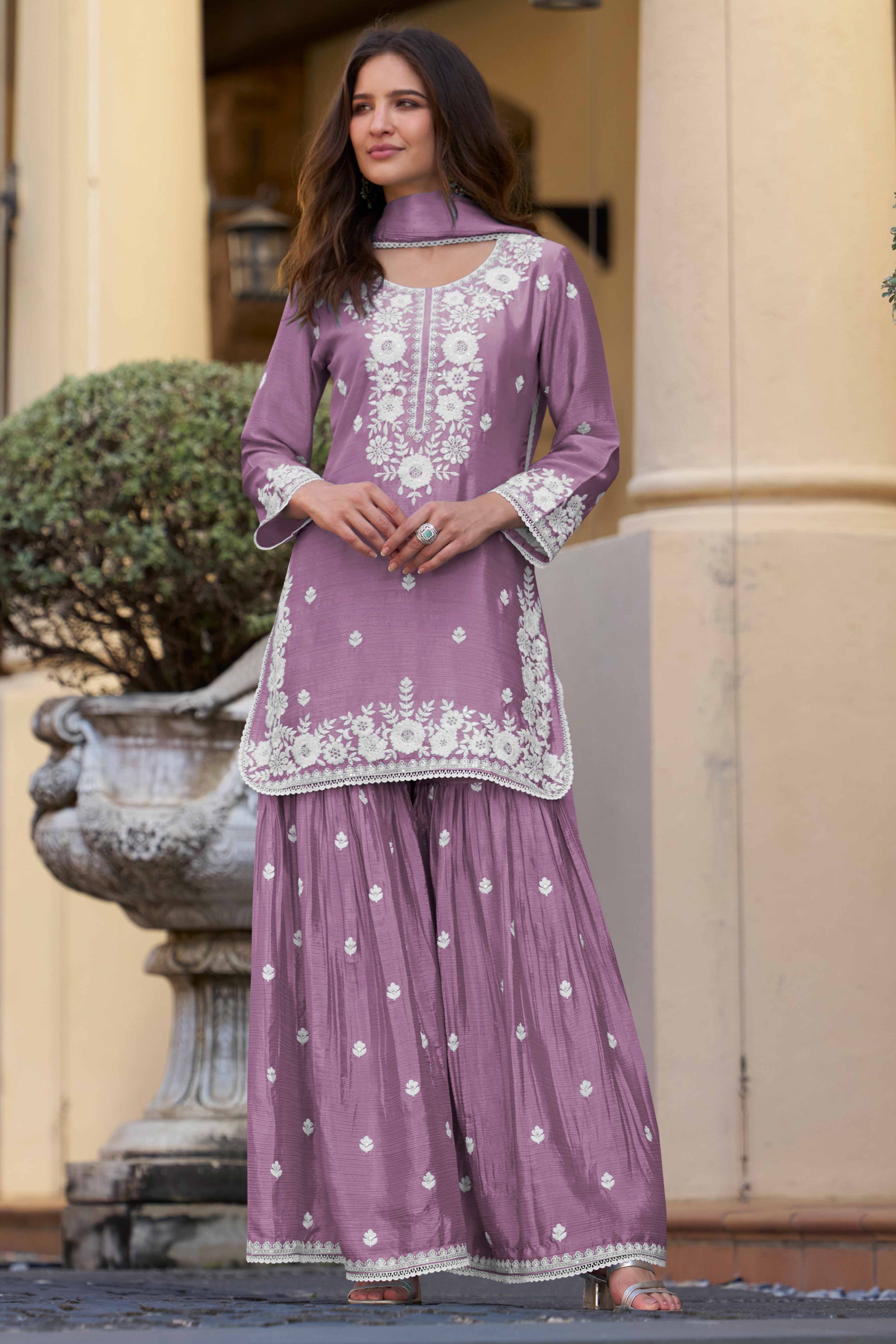 Purple Floral Luxe Embroidered Chinon Sharara Suit
