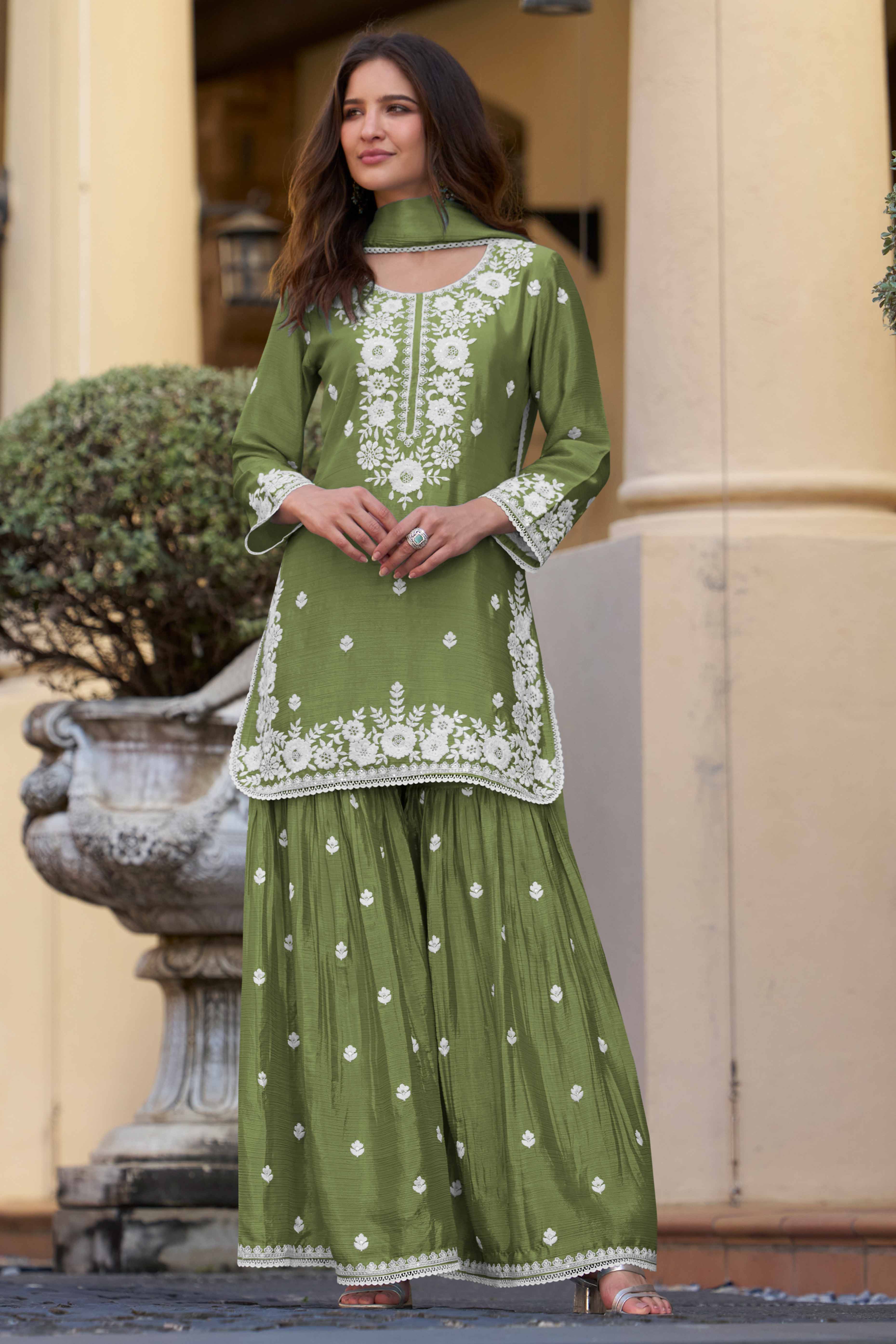 Green Floral Luxe Embroidered Chinon Sharara Suit