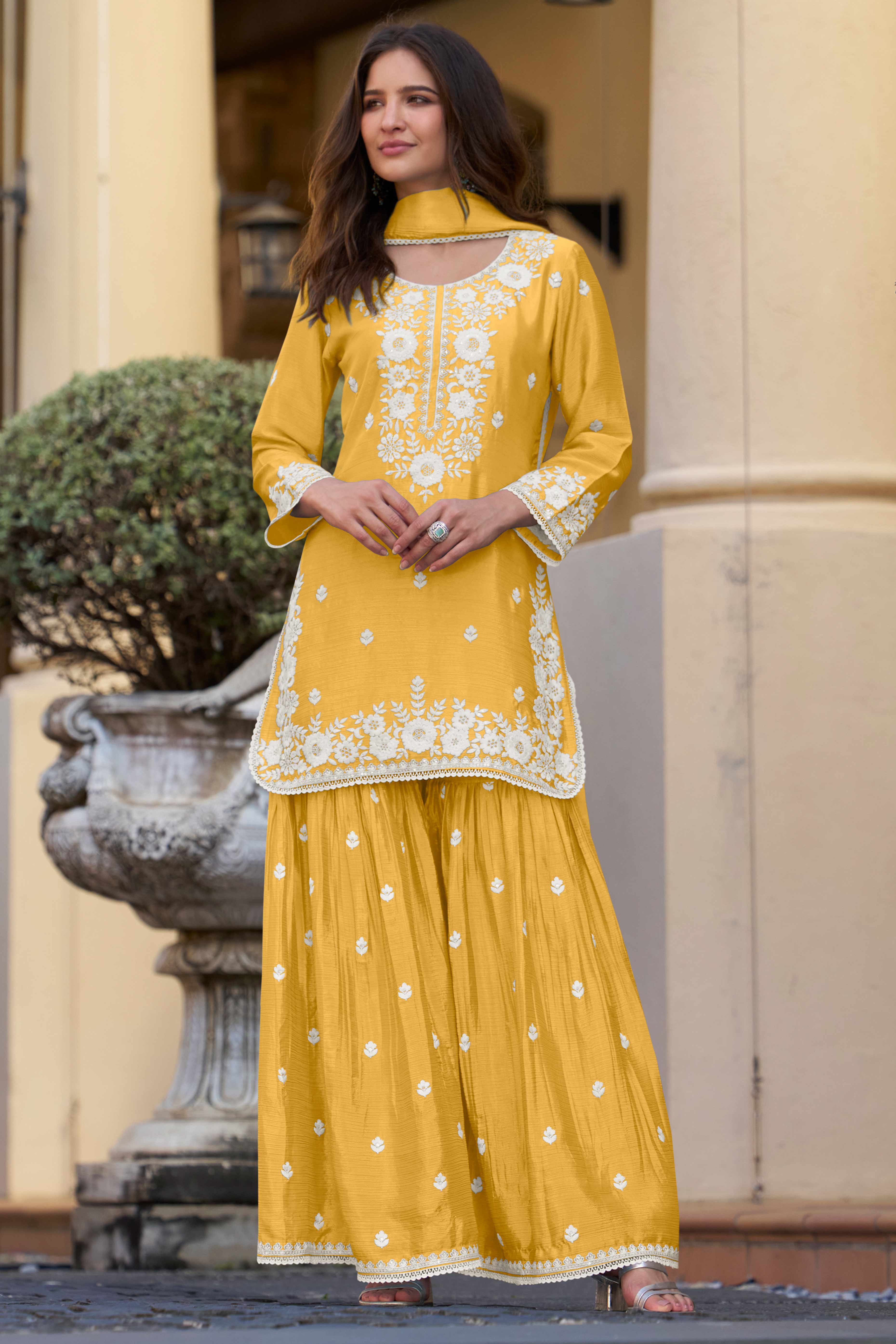 Lavender Chinon Sharara Outfit Featuring Heavy Floral Threadwork