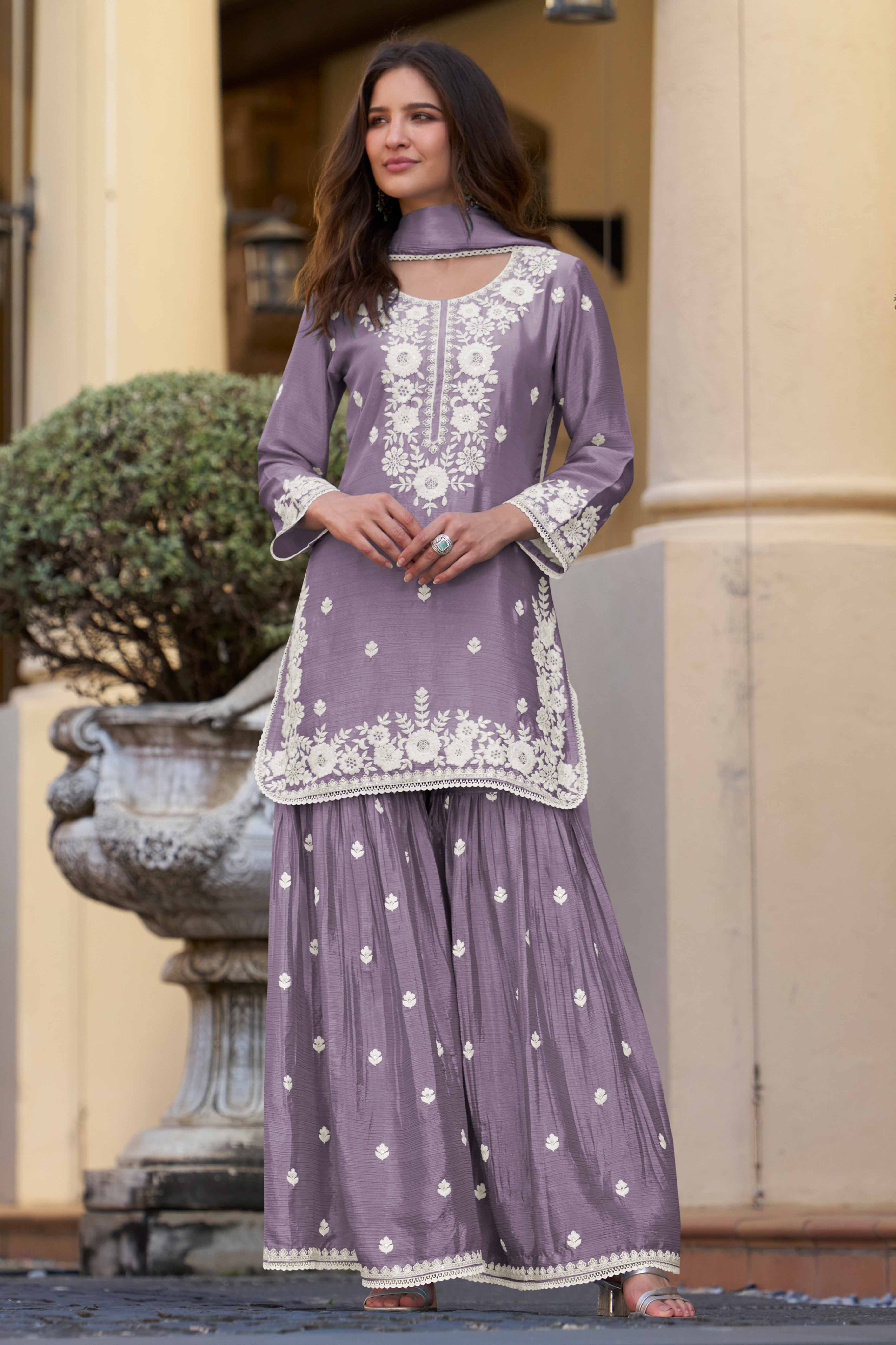 Lavender Chinon Sharara Outfit Featuring Heavy Floral Threadwork