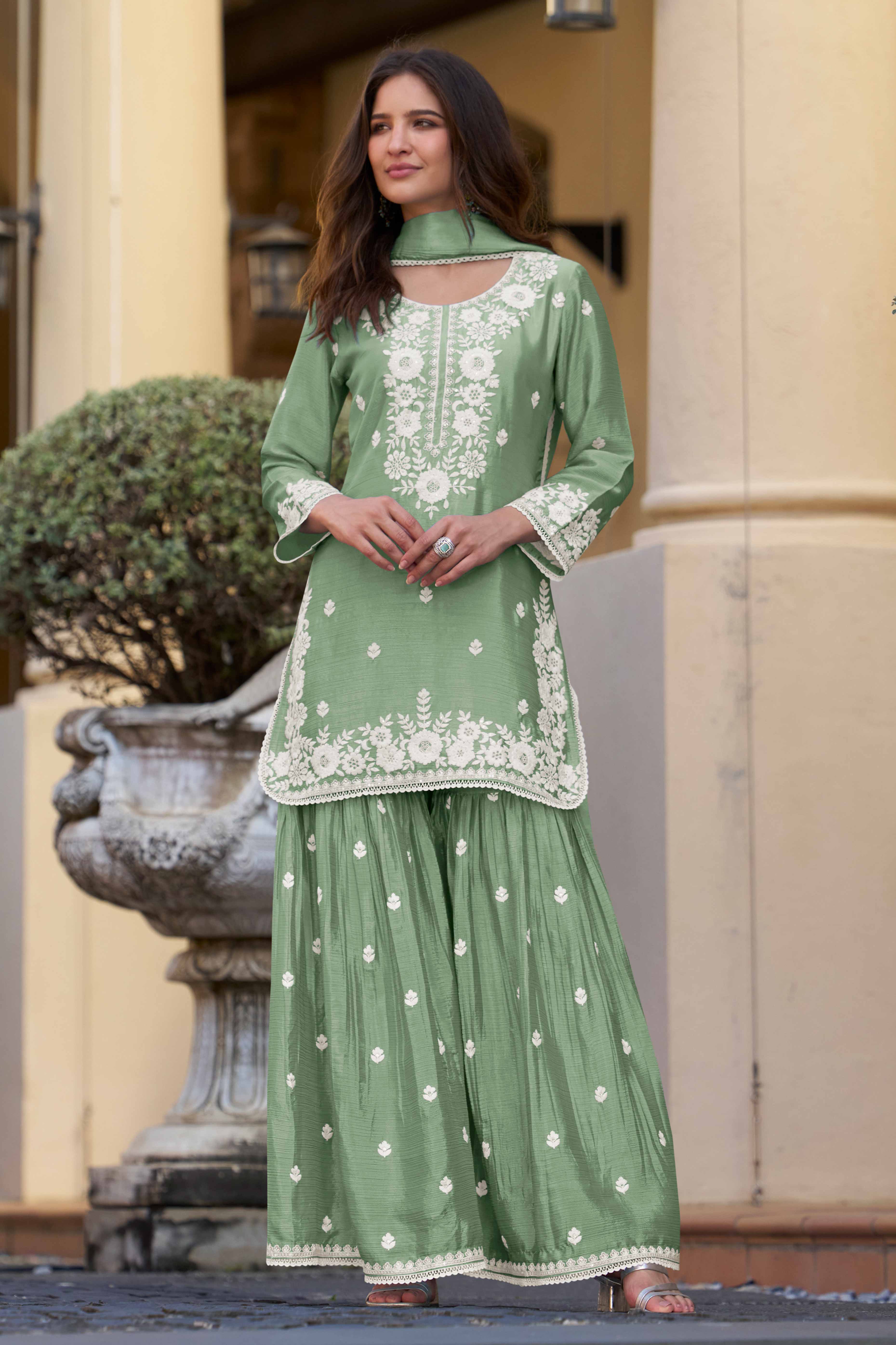 Pista Green Chinon Sharara Outfit Featuring Heavy Floral Threadwork