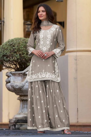 Beige Chinon Sharara Outfit Featuring Heavy Floral Threadwork
