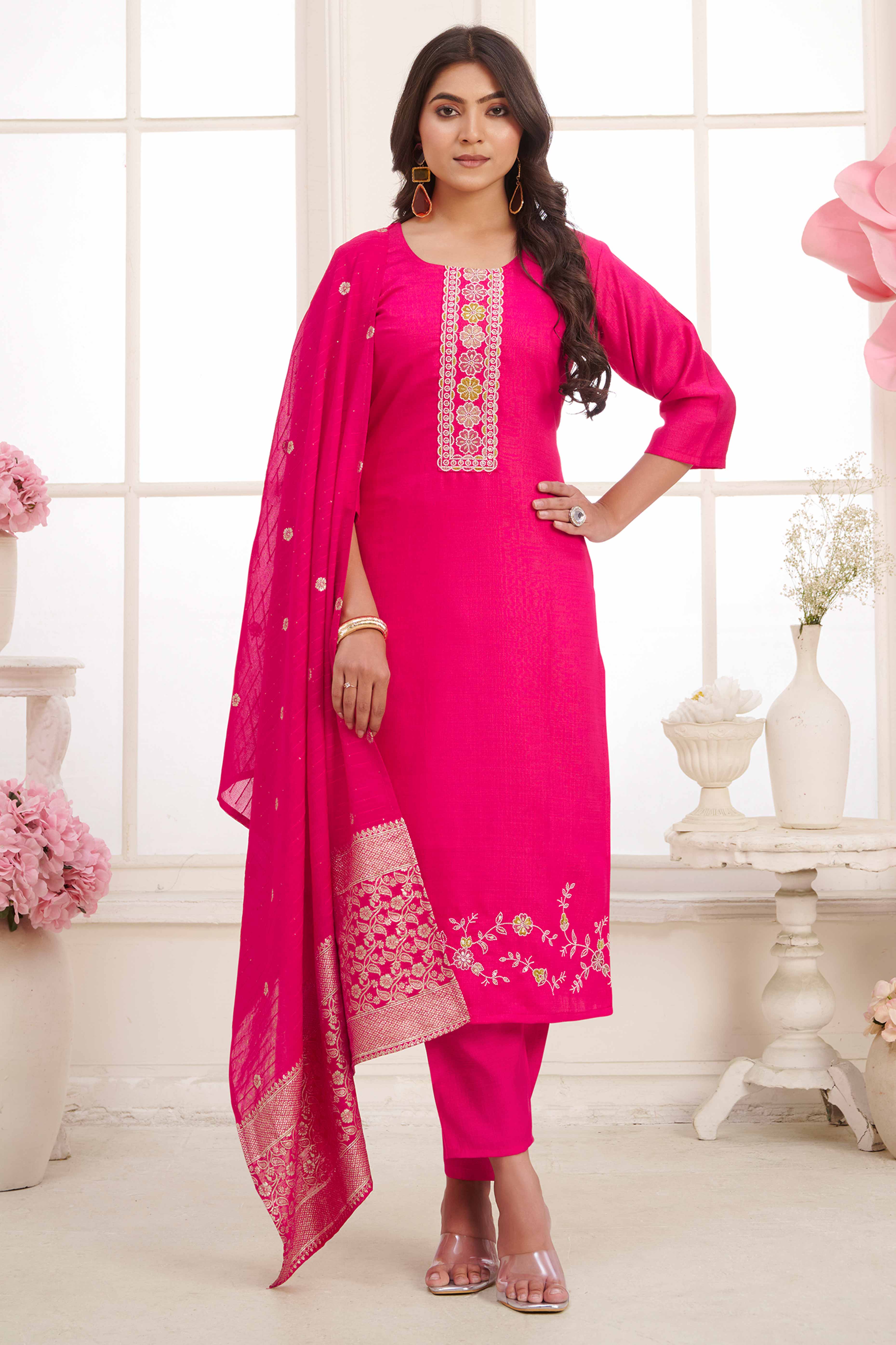 Pink Floral Embroidered Straight Salwar Suit in Viscose Vertican Silk