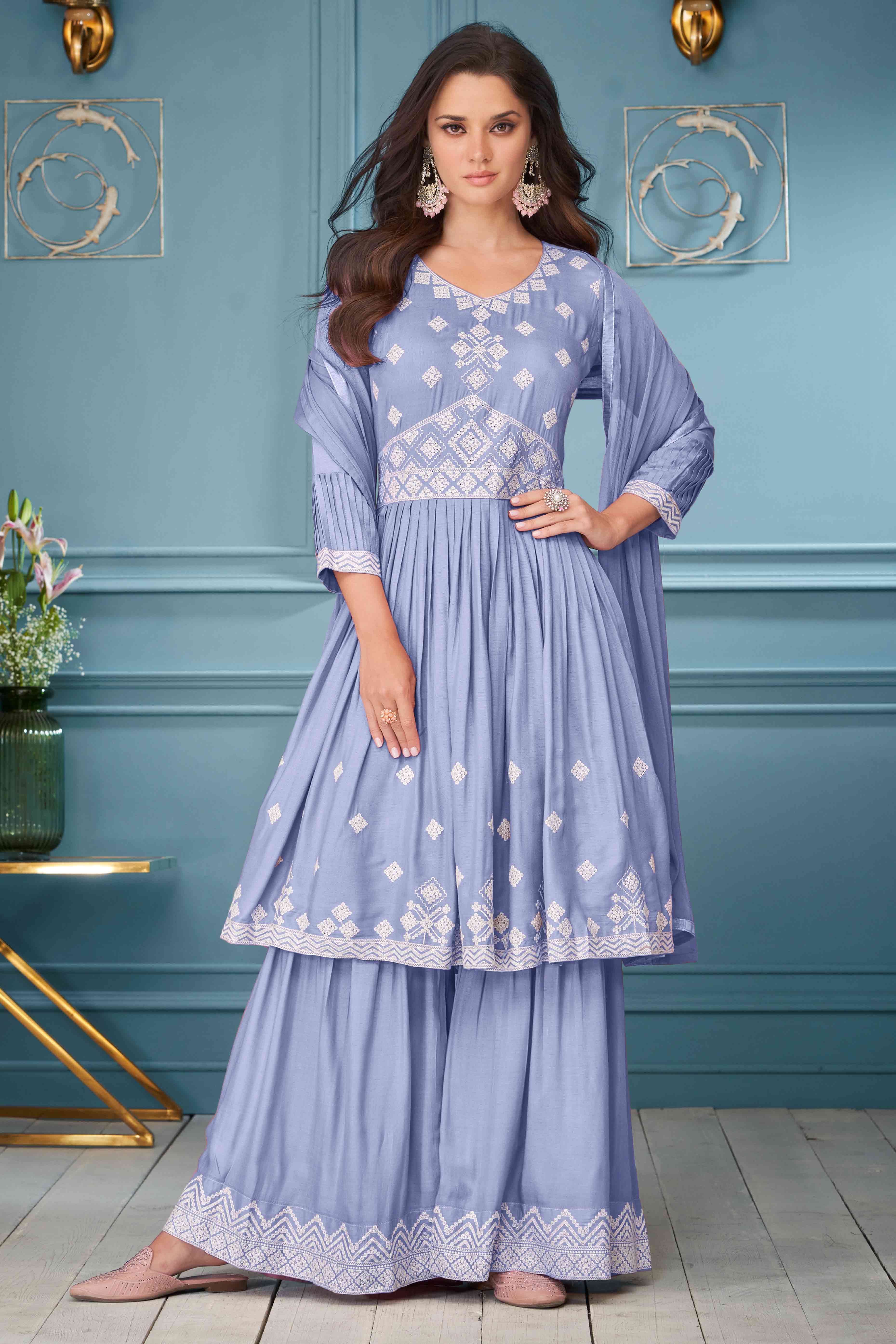 Lavender Floral Embroidered Rayon Palazzo Suit