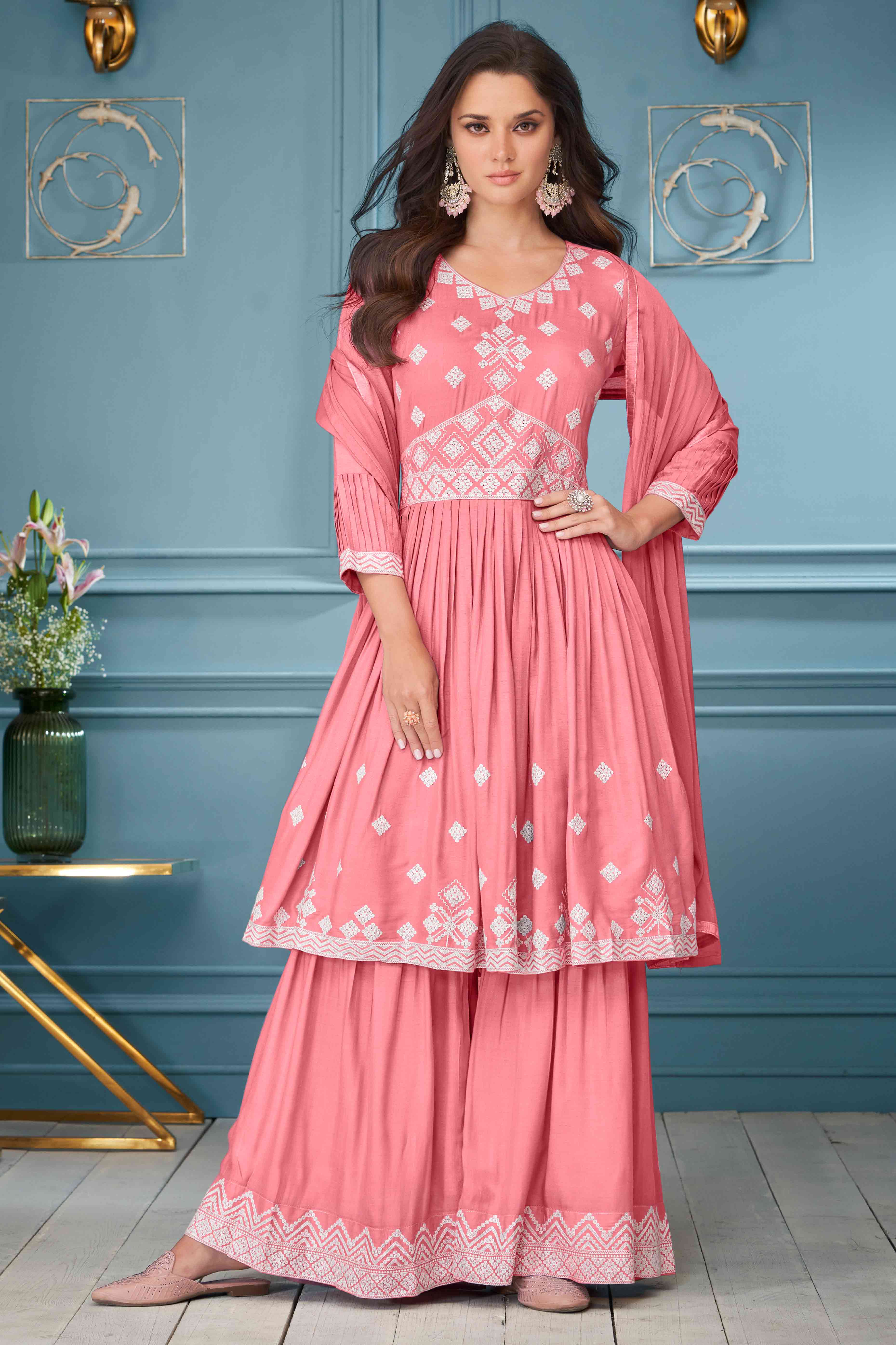 Peach Floral Embroidered Rayon Palazzo Suit