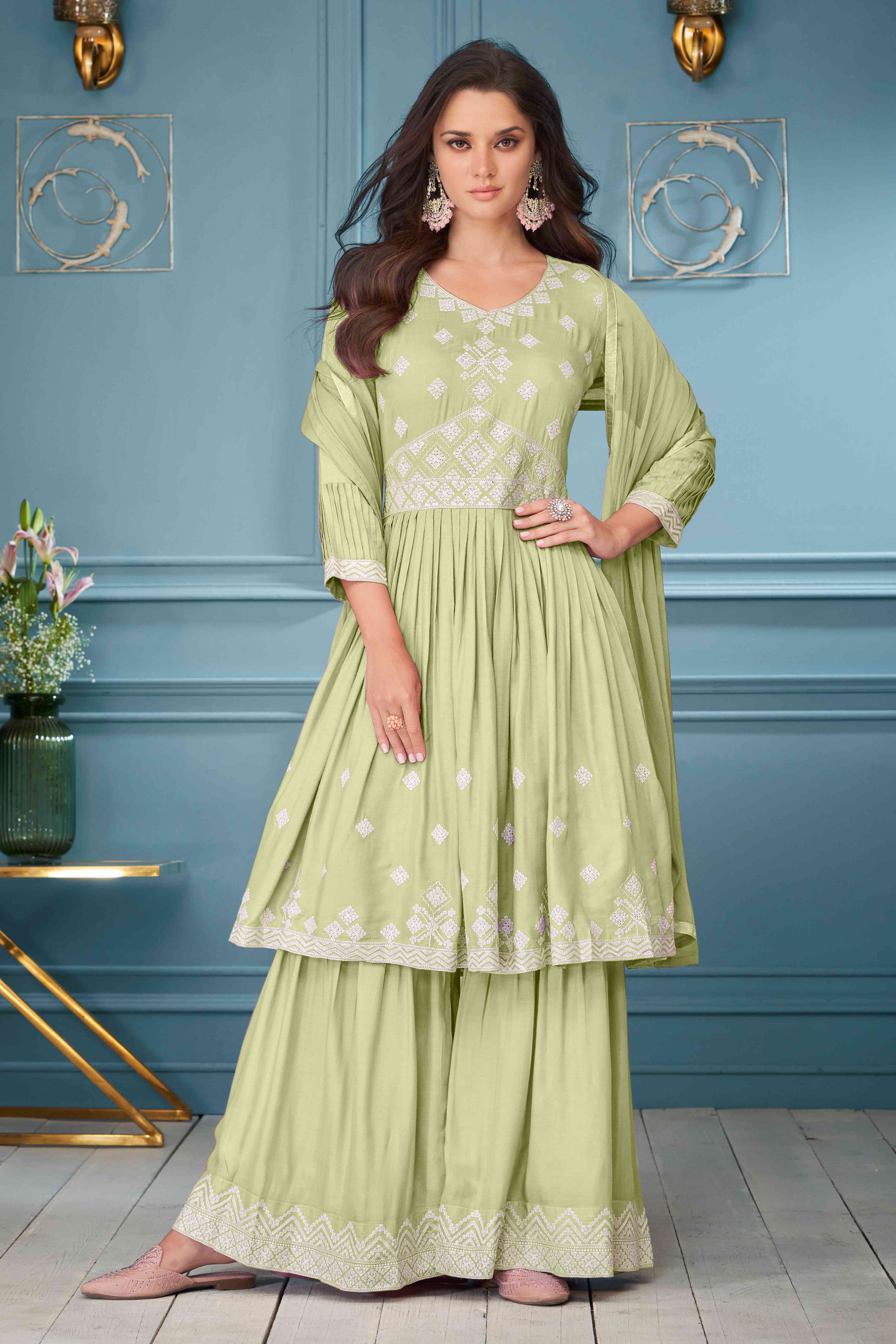 Light Green Floral Embroidered Rayon Palazzo Suit