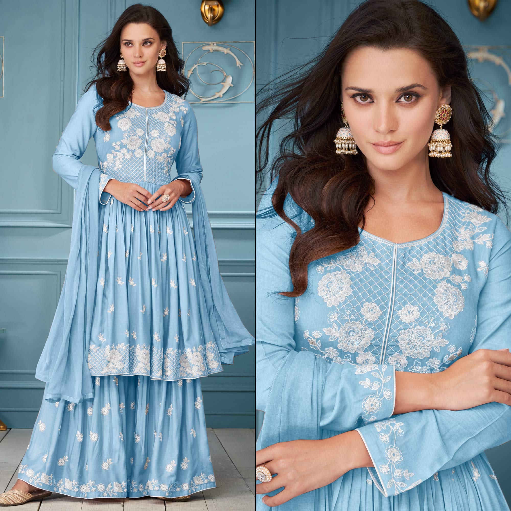 Blue Lucknowi Embroidered Rayon Palazzo Suit