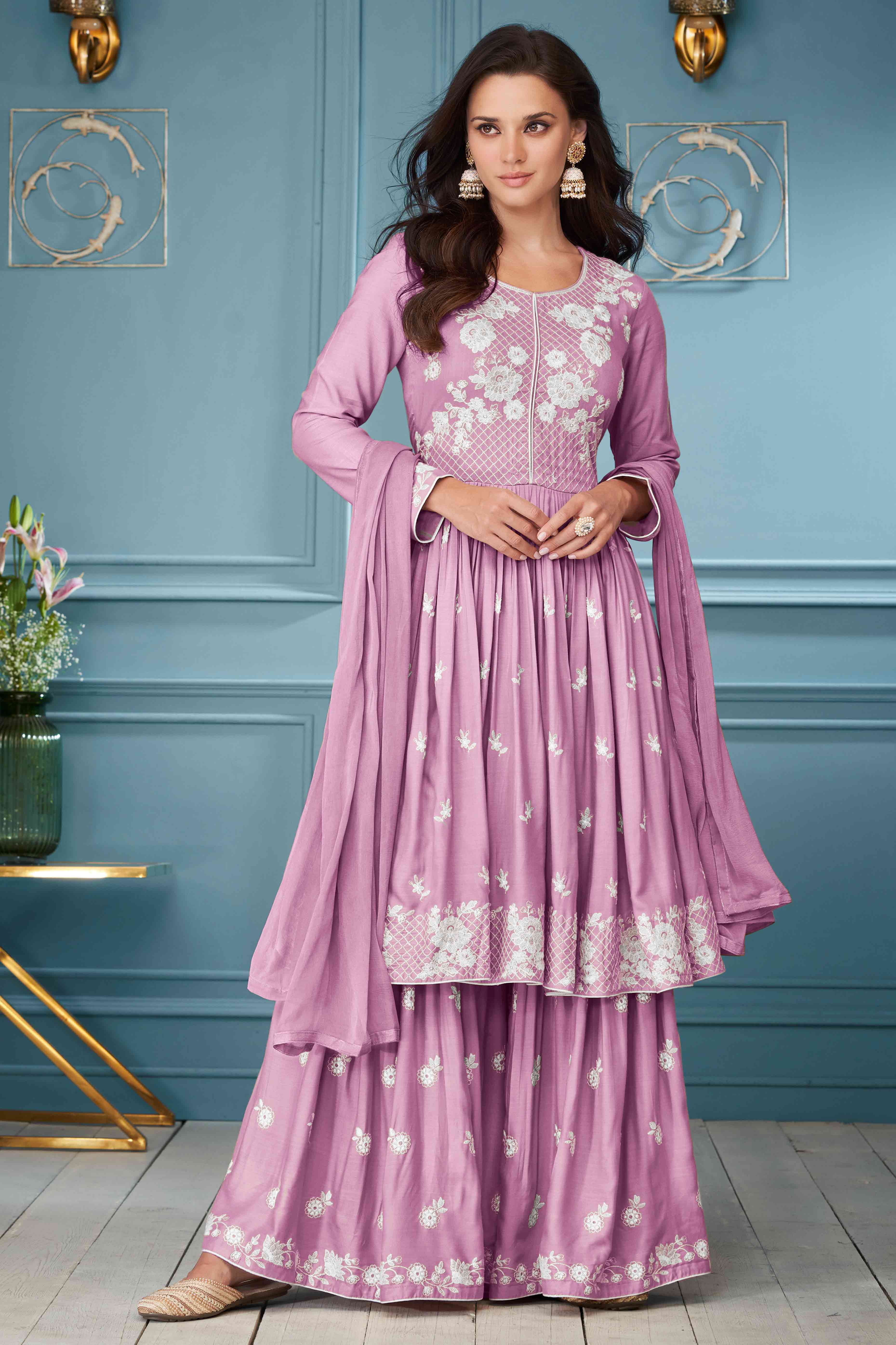 Dusty Pink Lucknowi Embroidered Rayon Palazzo Suit