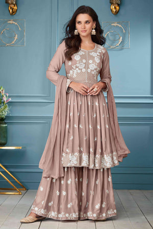 Brown Lucknowi Embroidered Rayon Palazzo Suit