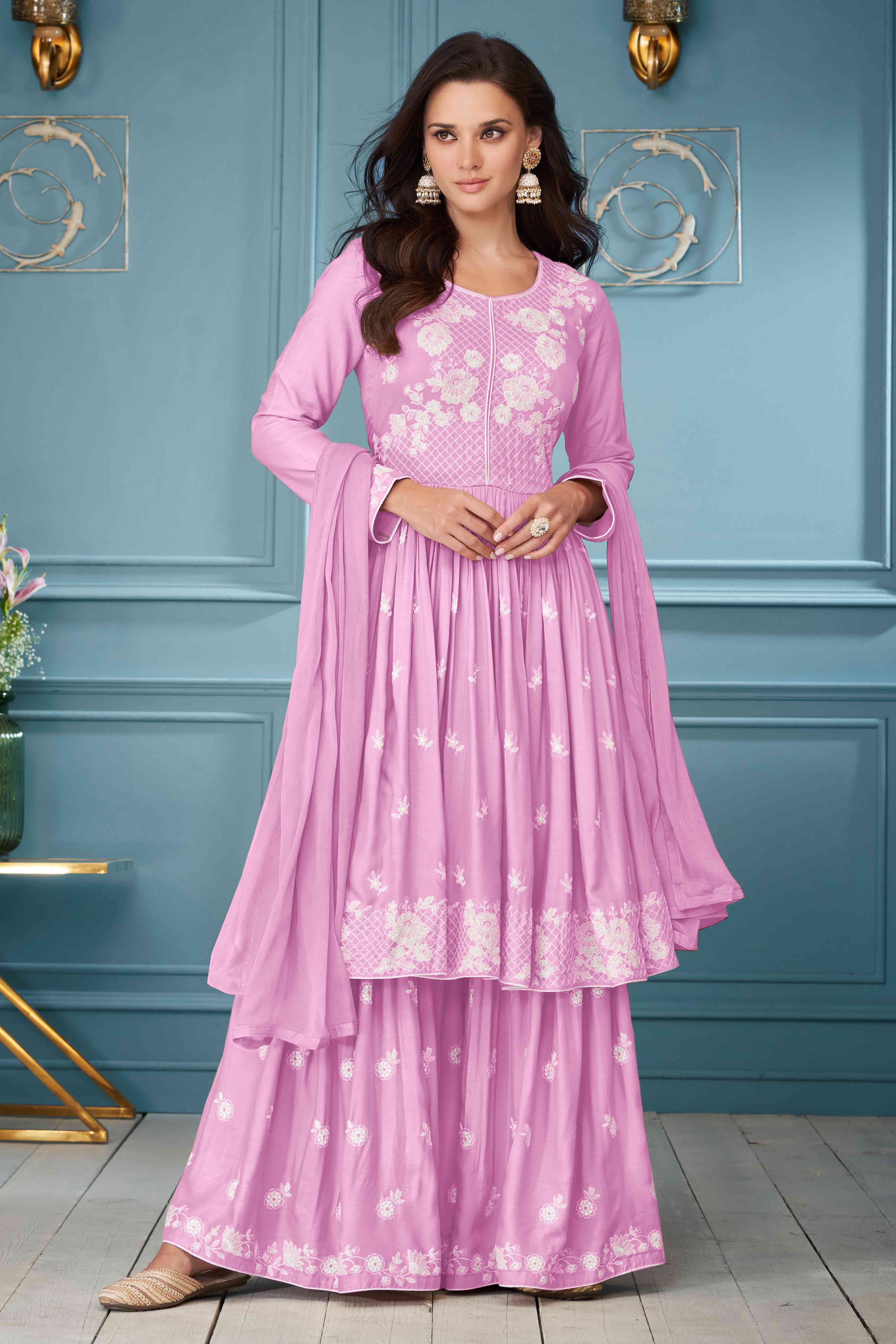 Pink Lucknowi Embroidered Rayon Palazzo Suit