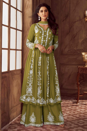 Green Lucknowi Embroidered Rayon Palazzo Suit