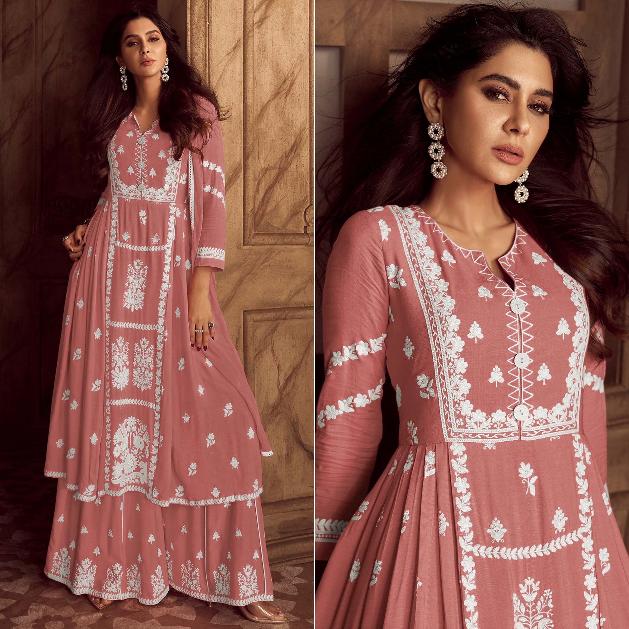 Peach Lucknowi Embroidered Rayon Palazzo Suit