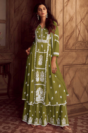 Elegant Green Lucknowi Embroidered Rayon Suit with Palazzo