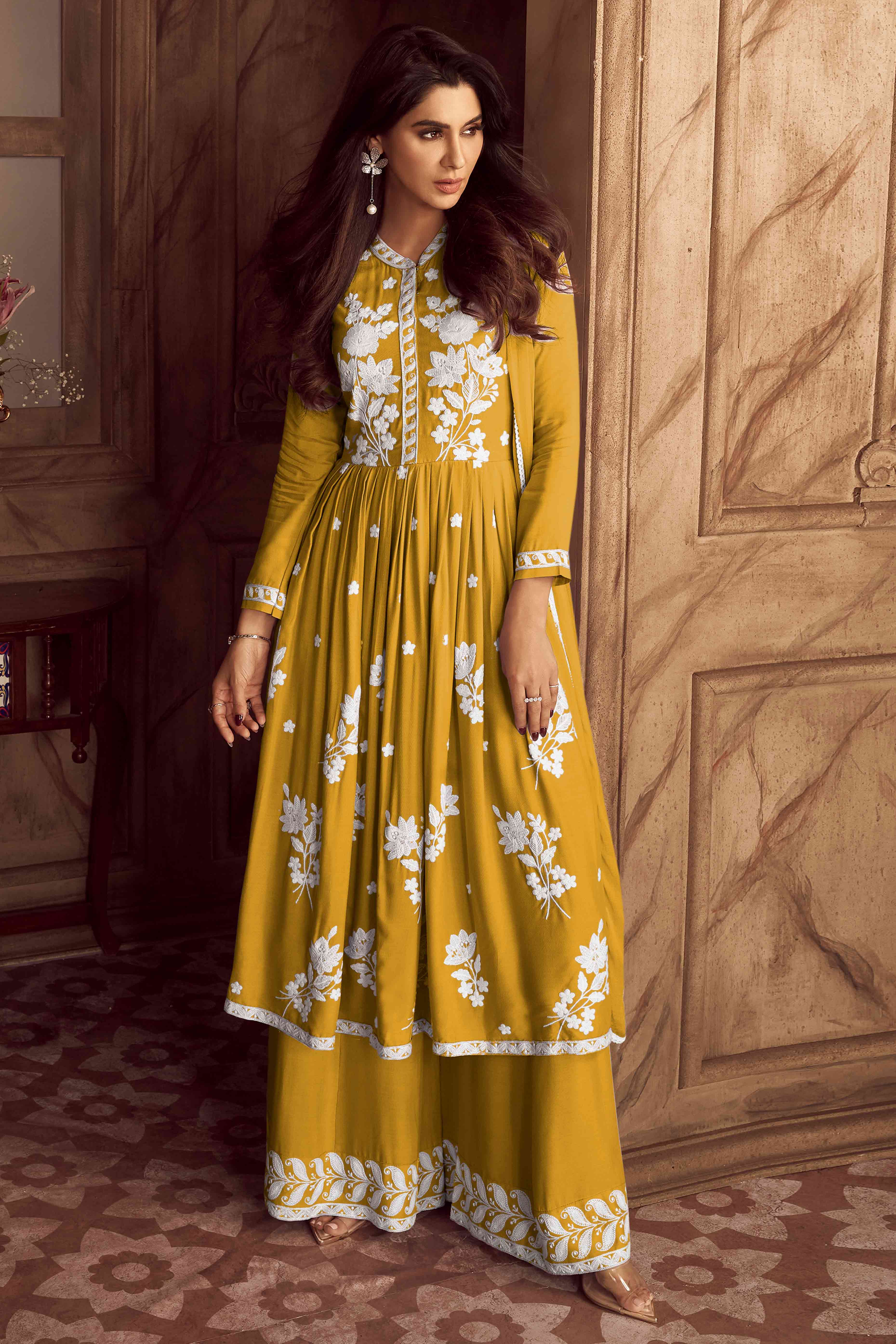 Mustard Lucknowi Embroidered Rayon Palazzo Suit