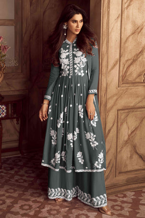 Grey Lucknowi Embroidered Rayon Palazzo Suit