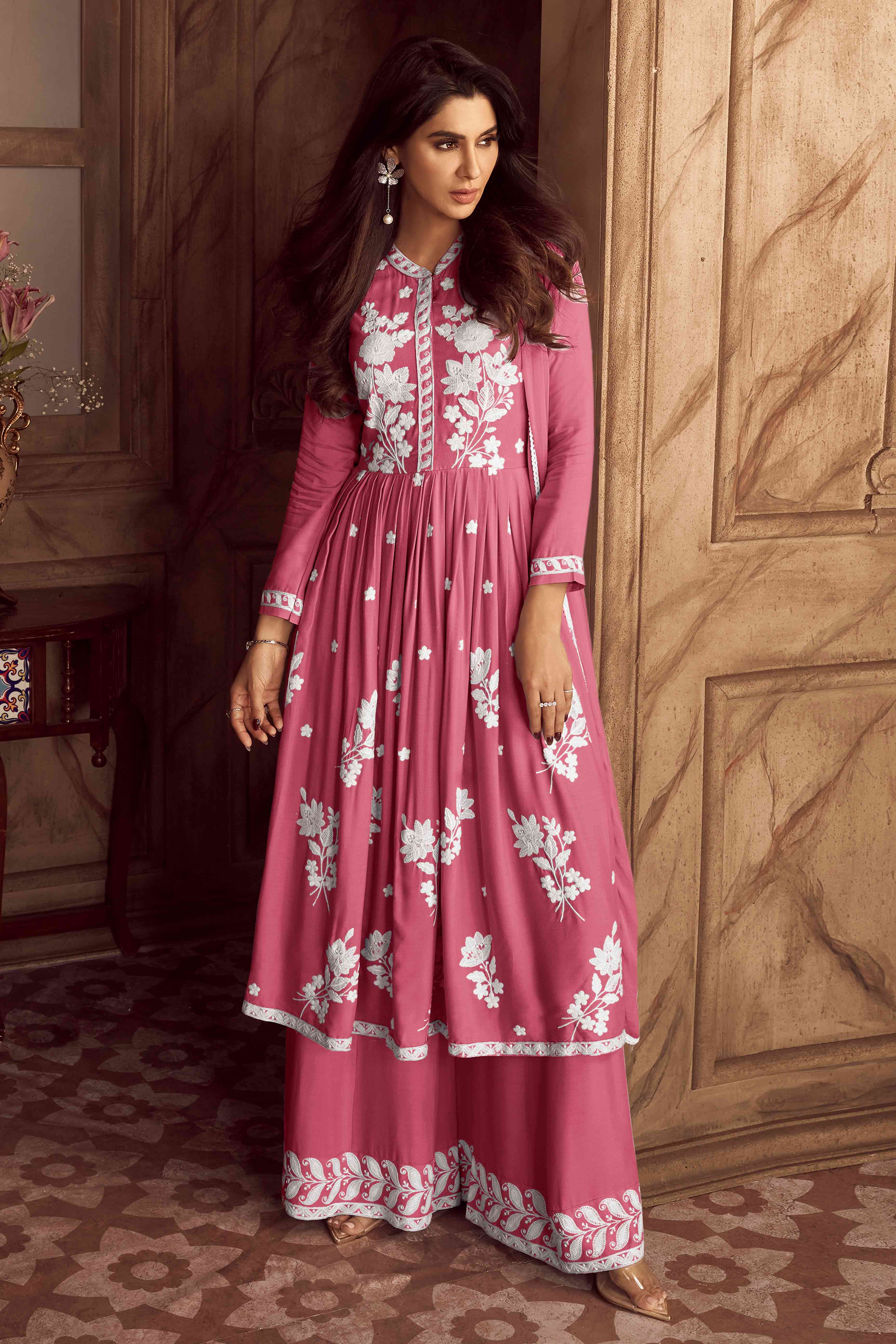 Dusty Pink Lucknowi Embroidered Rayon Palazzo Suit