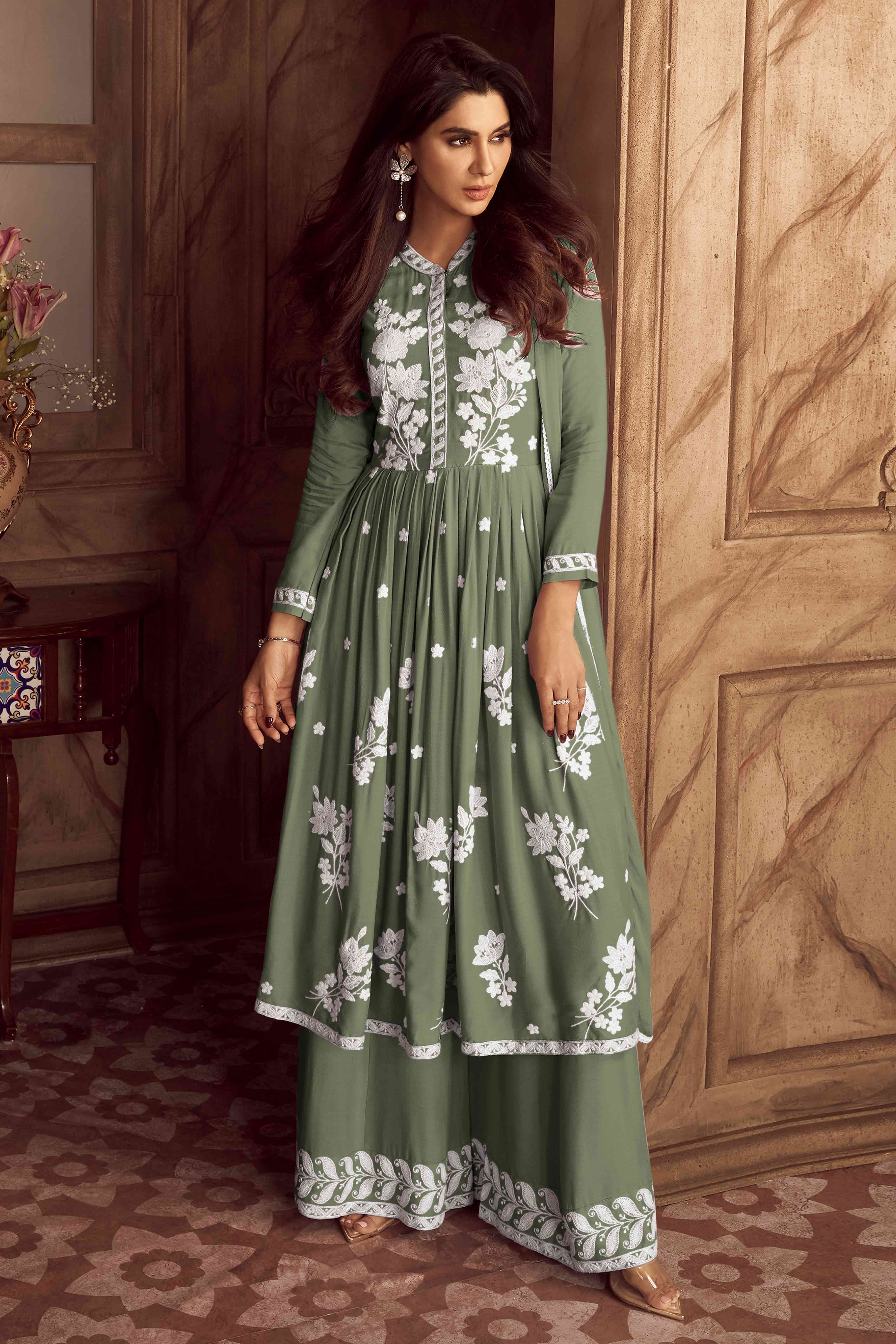 Sage Green Lucknowi Embroidered Rayon Palazzo Suit
