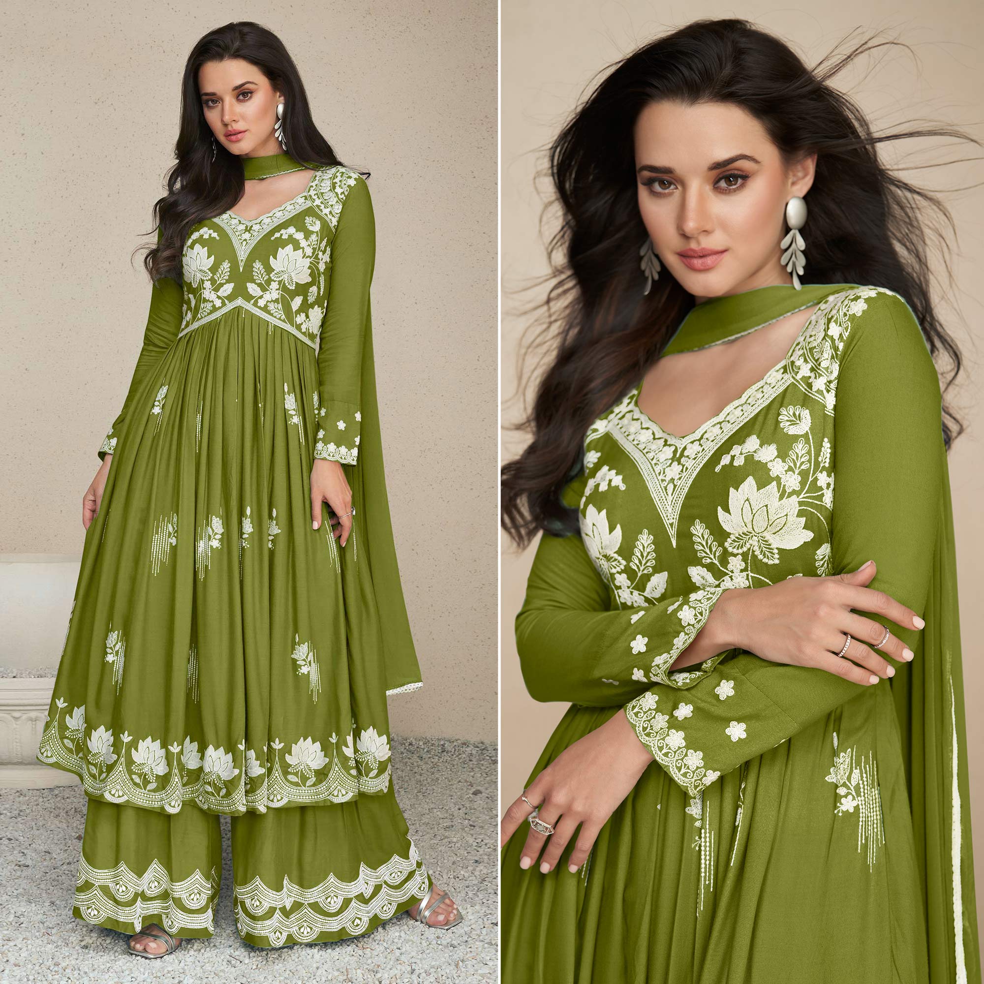 Green Lucknowi Embroidered Rayon Palazzo Suit