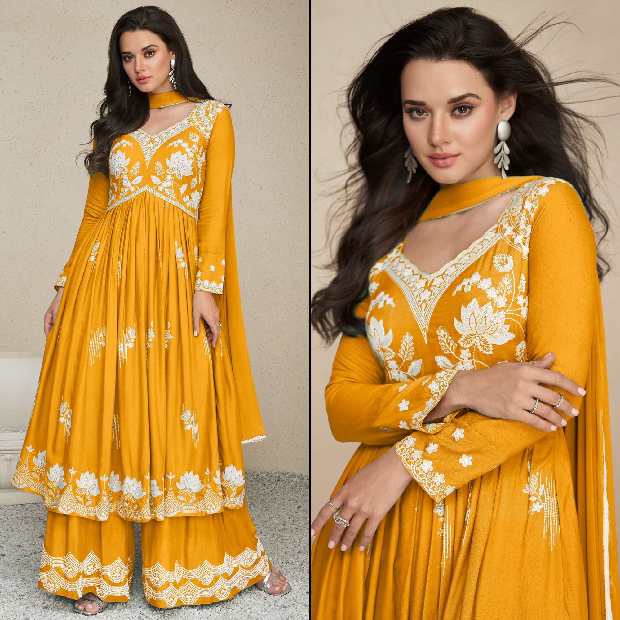 Mustard Lucknowi Embroidered Rayon Palazzo Suit